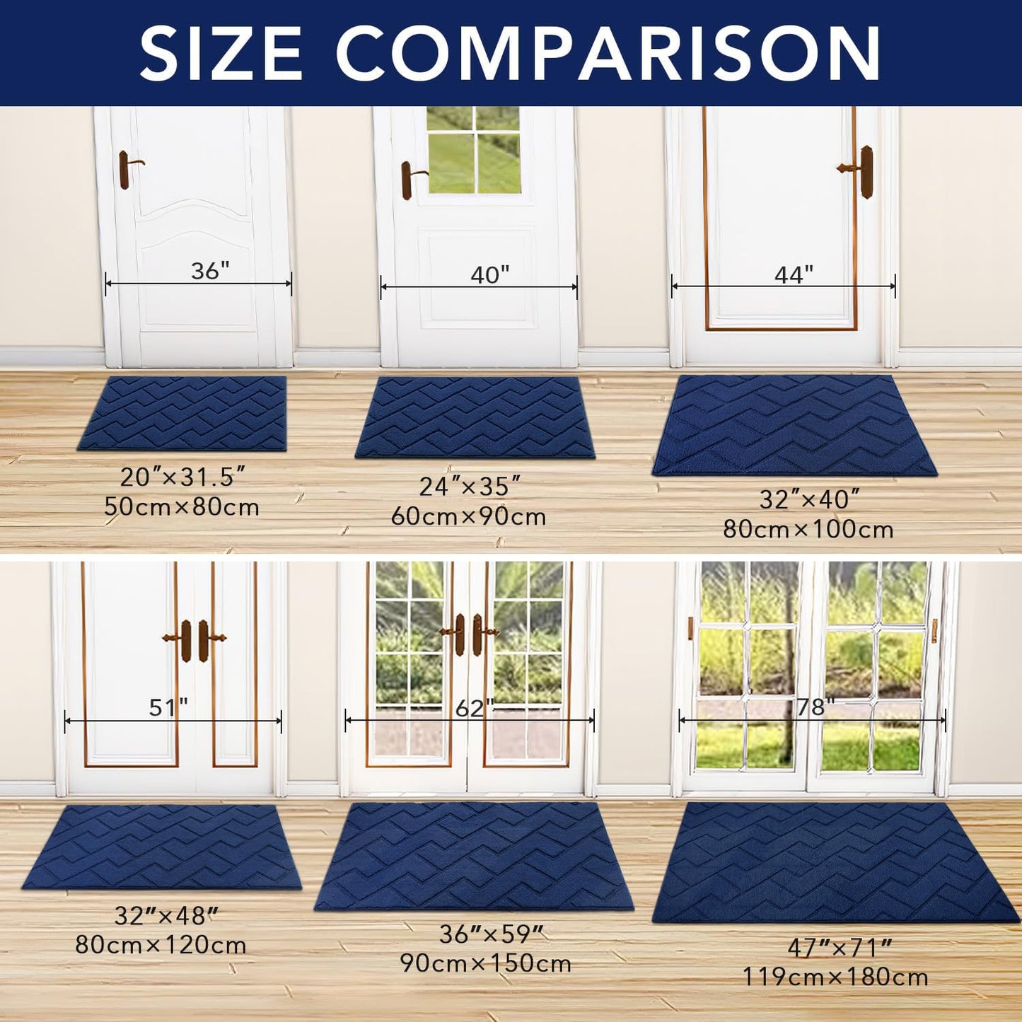 hicorfe Indoor Doormat,Front Back Door Mat TPR Backing Non Slip Mats 20"x31.5" Absorbent Resist Dirt Entrance Doormat Inside Floor for Entryway Washable Low-Profile(Navy Blue)