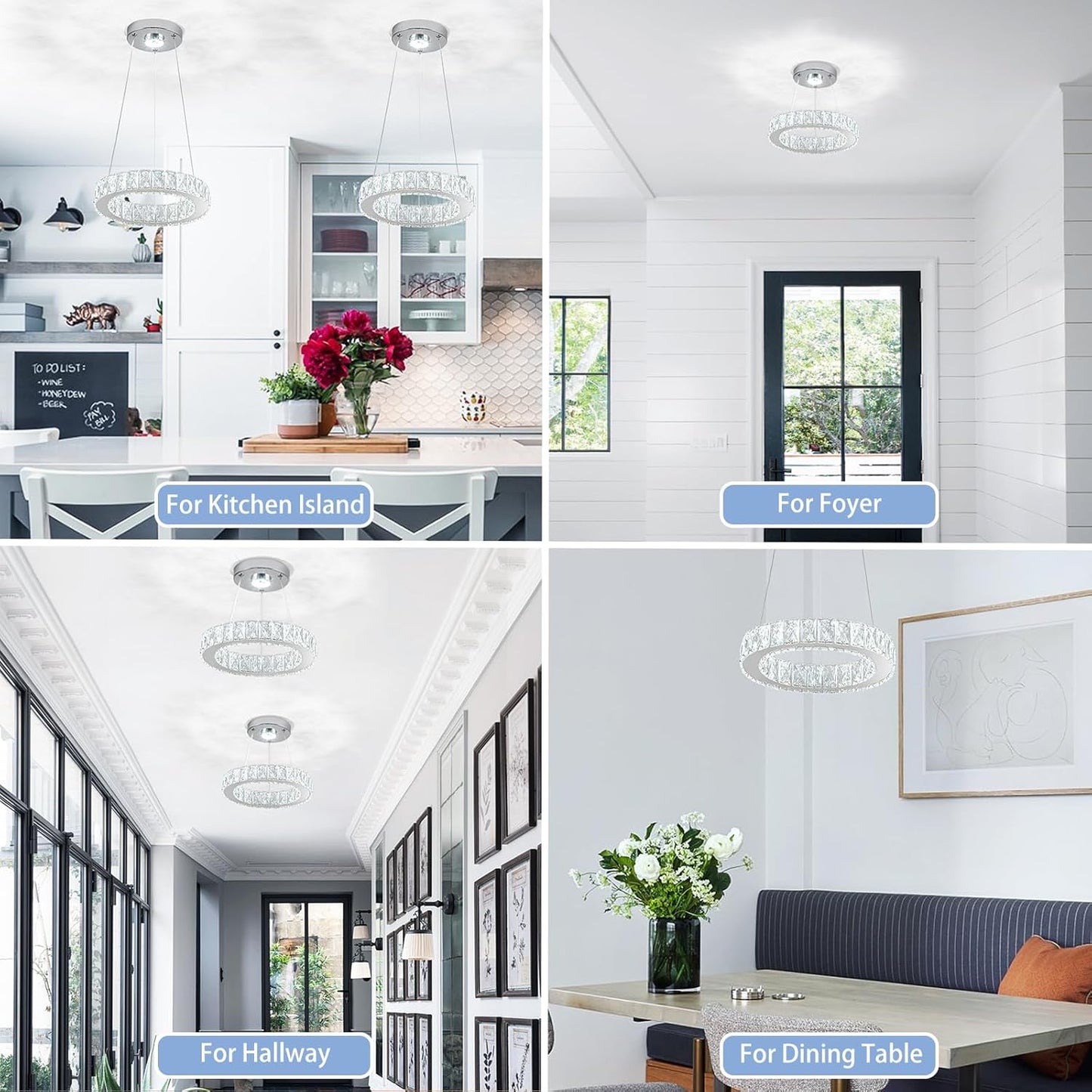 11.8" Crystal Chandelier LED Round Flush Mount Ceiling Light Fixture Modern Hanging Pendant Lighting Mini Ring Chandeliers for Dining Room Kitchen Island Hallway Bathroom (Cool White)