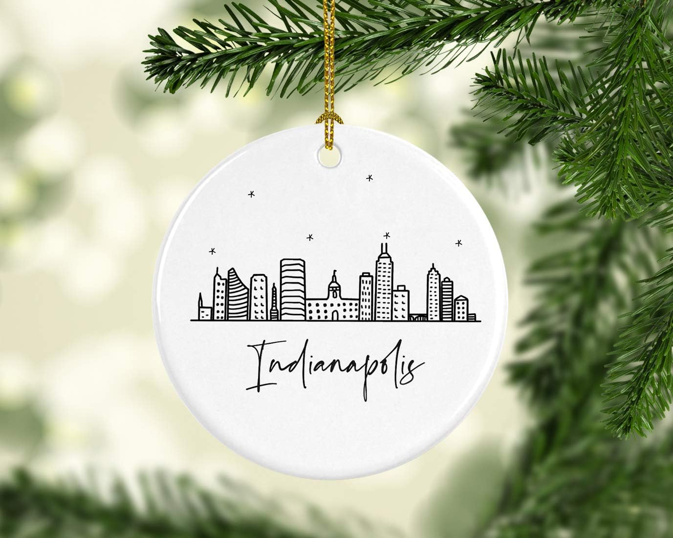 Andaz Press Round Ceramic Porcelain Christmas Tree Ornament Keepsake Gift, Indianapolis, Black and White Stars City Skyline Graphic, 1-Pack, Birthday Ideas Family Coworker Him Her, Includes Gift Box