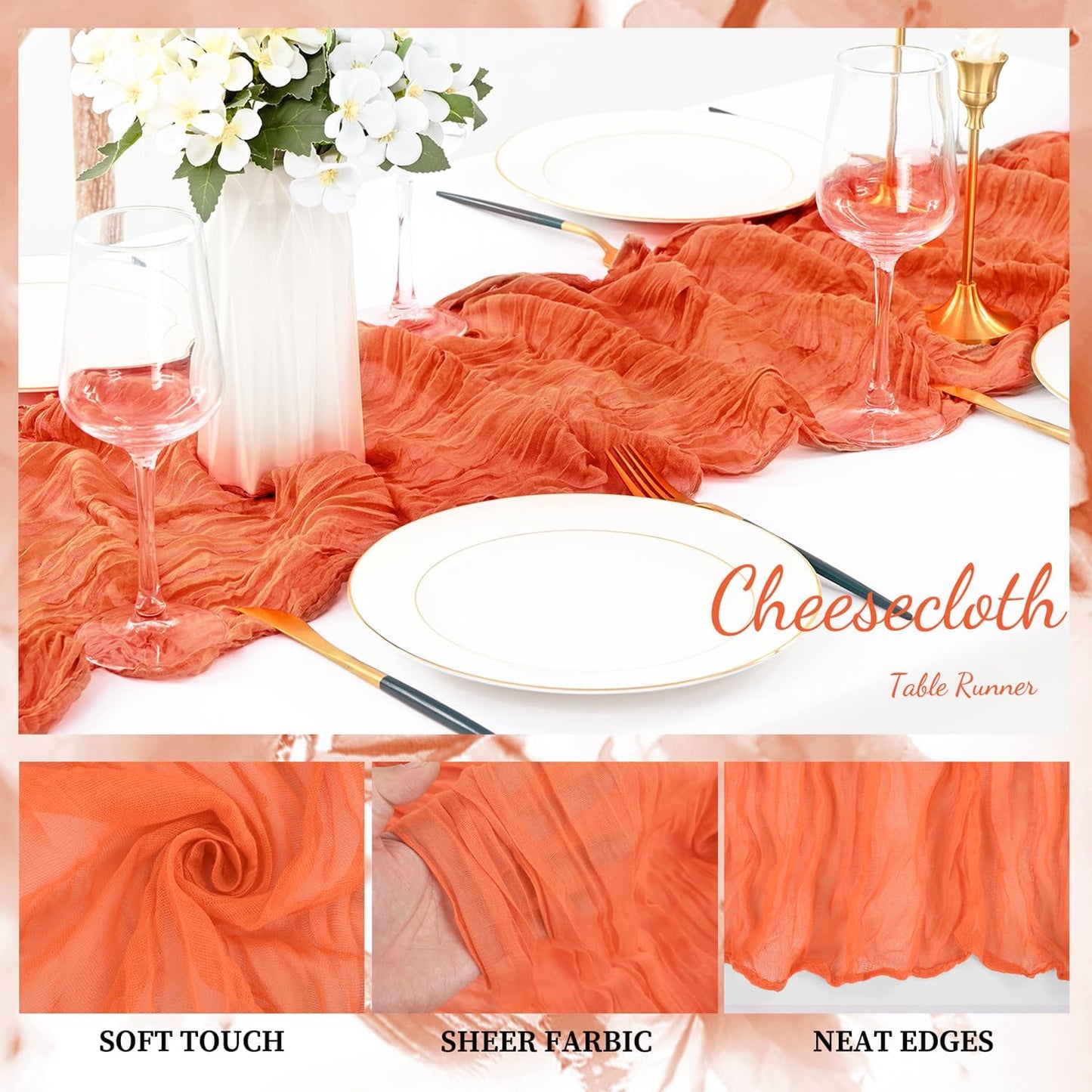Orange Cheesecloth Table Runner 6 Pack 10FT Boho Fabric Rustic Cheese Cloth Table Runner for Wedding 20 x 120 Inch Long Bridal Shower Baby Shower Gauze Sheer Birthday Party Table Decorations
