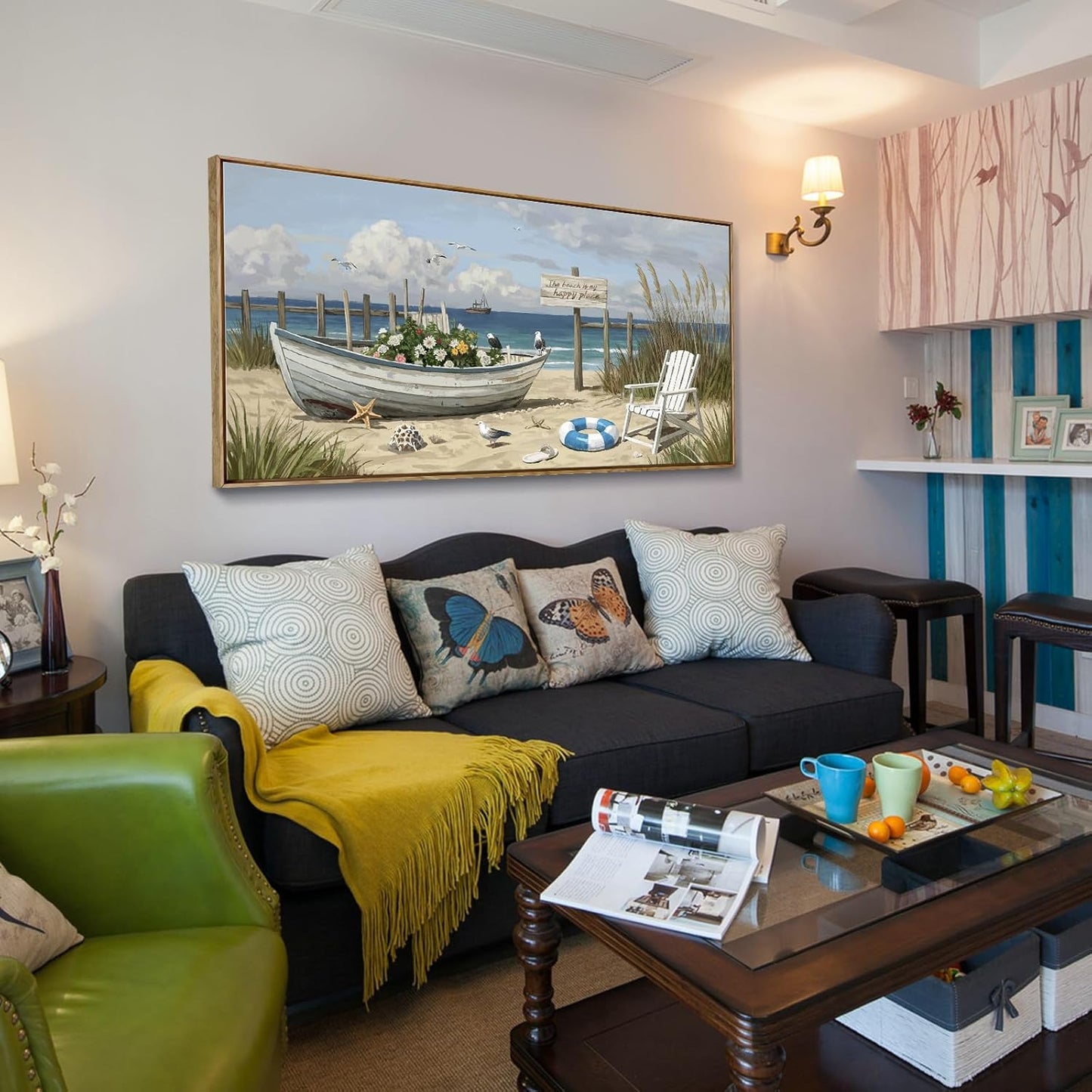 amatop Large Framed Wall Art for Living Room Nautical Beach Canvas Print Blue Flower Boat on Sandy Shore Ocean Seaside Landscape Coastal Artwork with Sea Birds Rustic Bedroom Office Home Decor 48×24 Inch