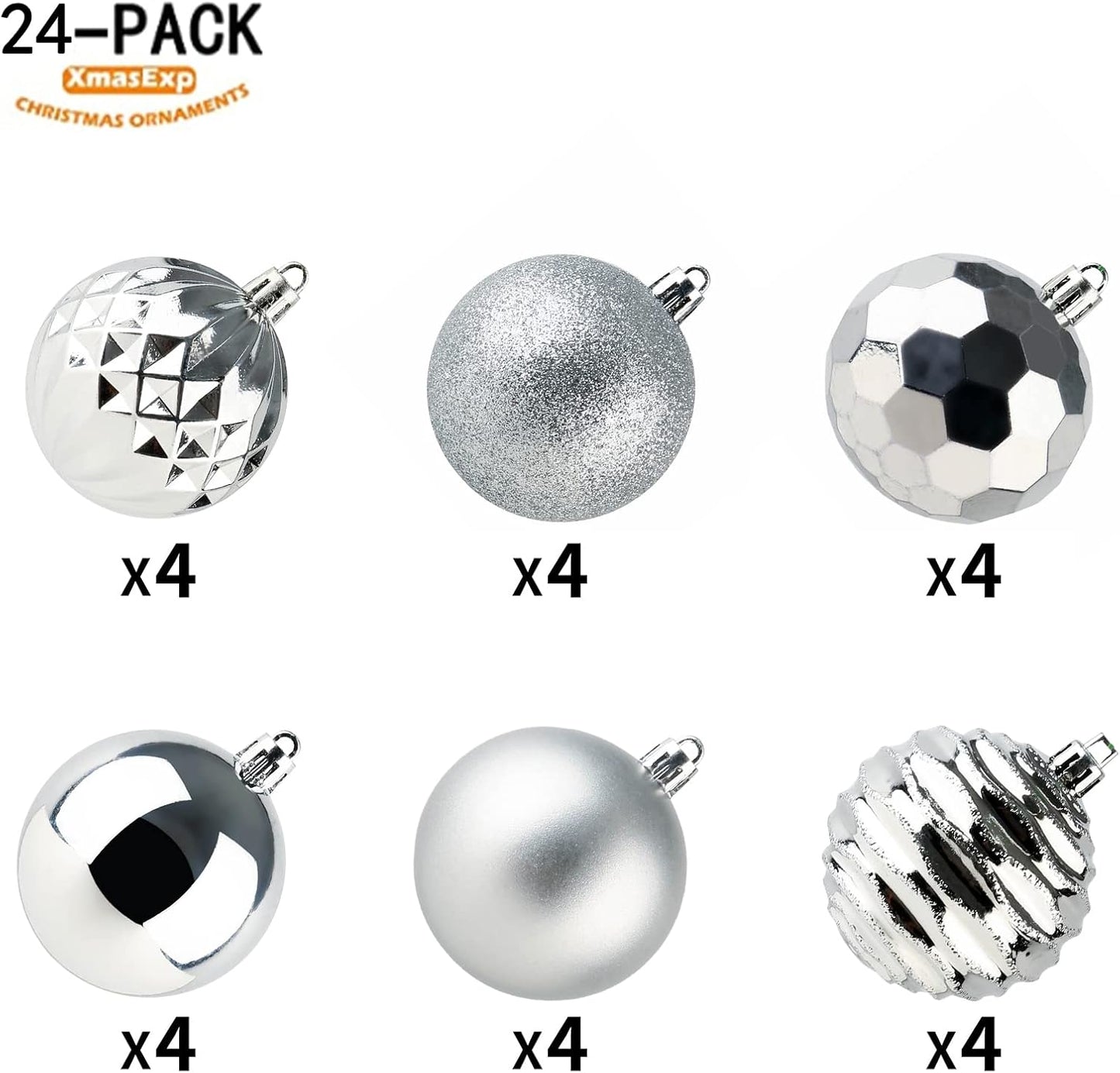 XmasExp 60mm/2.36" Christmas Ball Ornaments Shatterproof Christmas Ornaments Set Decorations for Xmas Tree Balls - 24ct (2.36'', Silver)