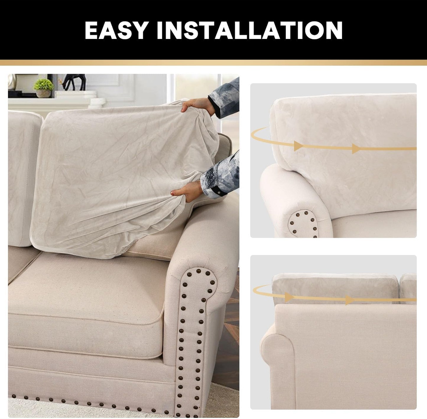 PrinceDeco Sectional Couch Covers Velvet Cushion Covers for Sectional Couch Washable Cushion Covers for Sectional Sofa Pet Friendly Sectional Sofa Slipcovers(1 Chaise Back+ 3 Sofa Back,Ivory)