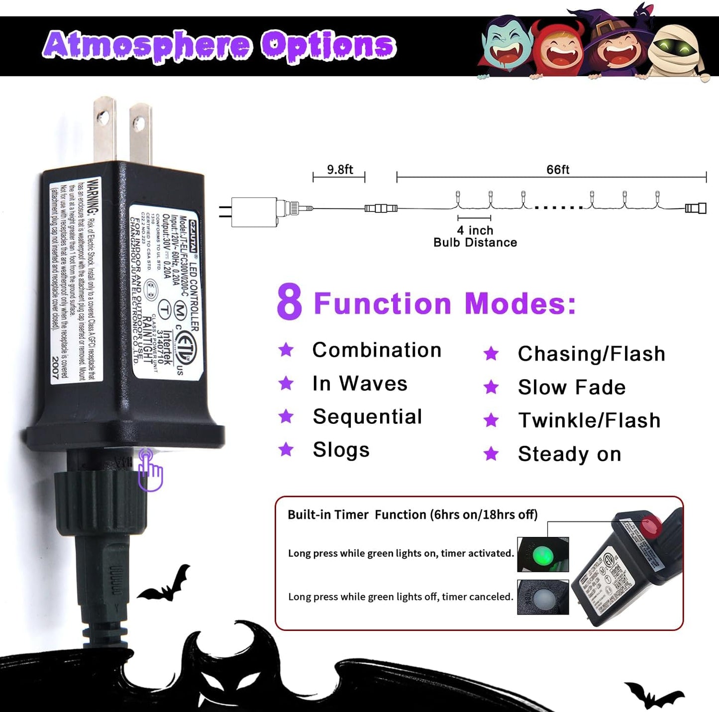 JMEXSUSS 200 LED 66ft Purple Halloween Lights, Connectable Halloween String Lights Plug in, 8 Modes Outdoor Christmas Tree Light for Patio Party Indoor Christmas Ceiling Room Decor