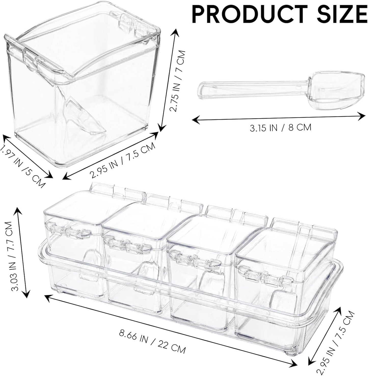 Clear Seasoning Box, 4 Pieces Seasoning Rack Spice Pots, Storage Container Condiment Jars Acrylic Seasoning Box with Covers and Spoons for Spice, Sugar, Salt, Sugar, Cardamon, Cinnamon