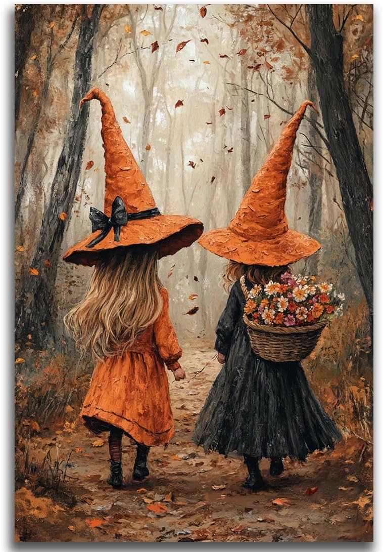 Fall Wall Art Witch Picture Decor,Little Girl Witch Halloween Wall Art, Vintage Autumn Whimsical Woodland Forest Picture, Family Room Nursery Playroom Children Room Decoration,16"x24" Unframed