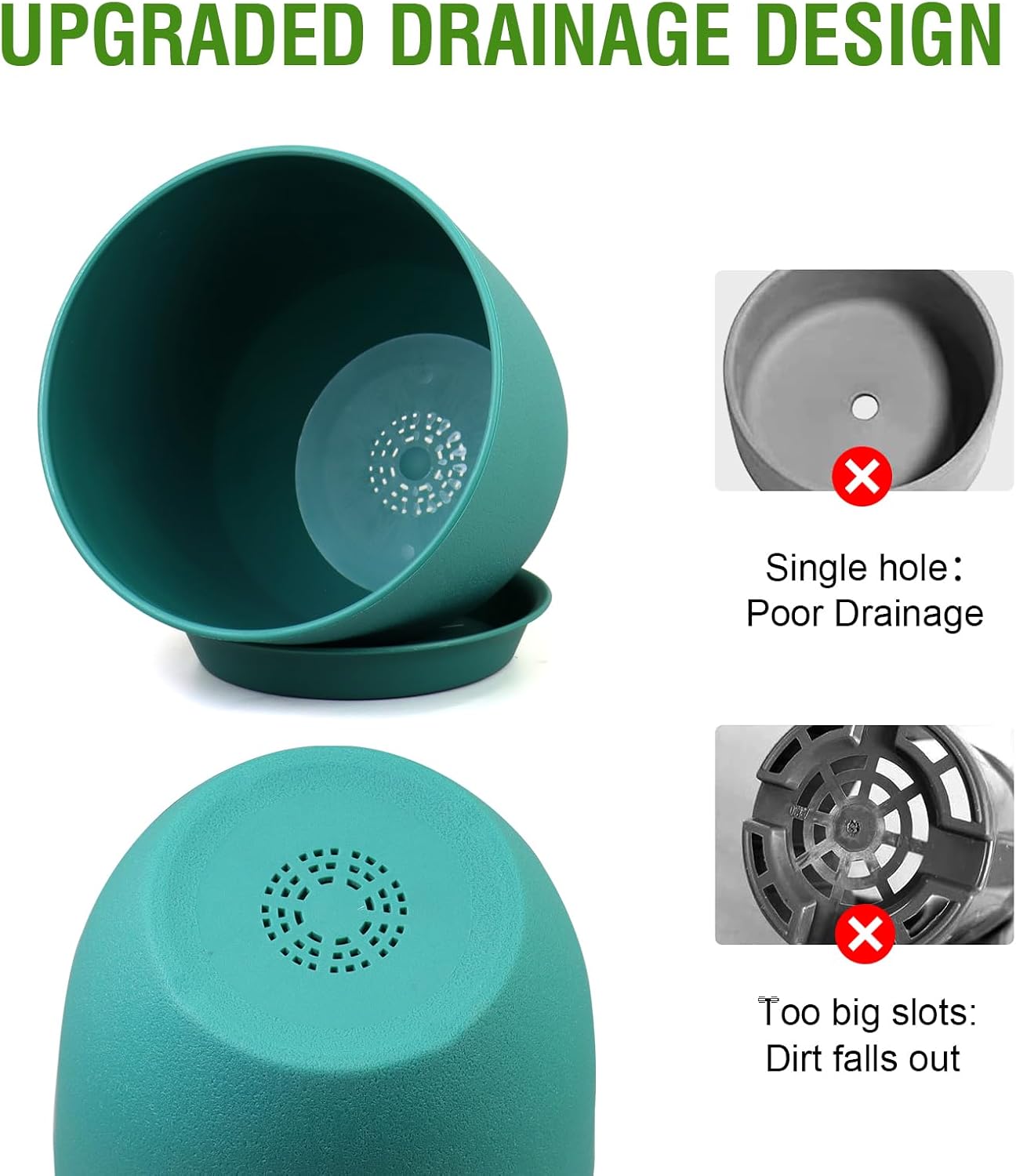 9/8/7.5 inch Flower Pots, 3 Pack Modern Plastic Planters with Drainage Holes and Trays for House Plants, Plant Pots for Indoor Outdoor Plants, Blue Green