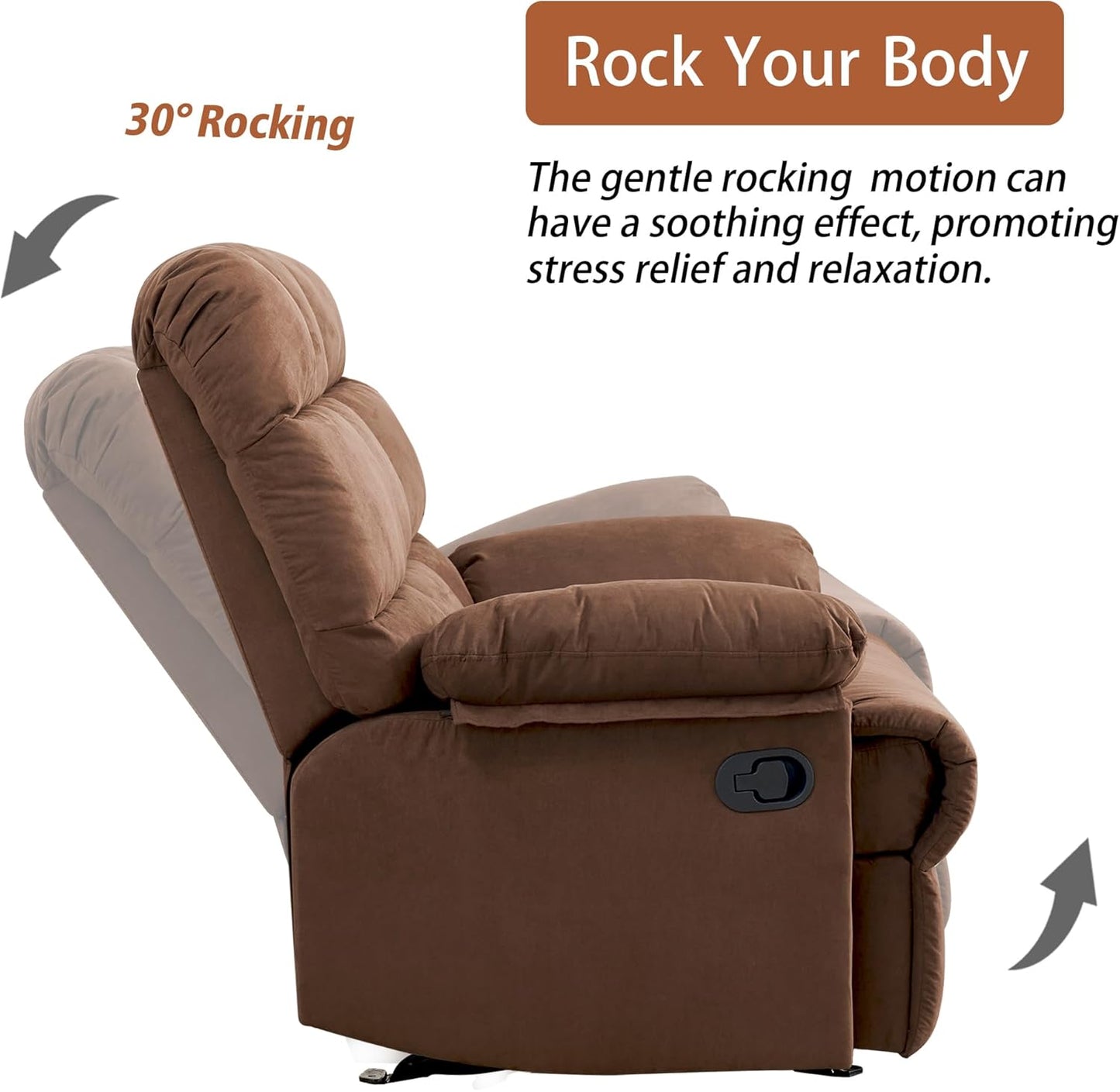 Rocker Recliner Chair, Overstuffed Manual Rocking Recliner for Adults, Upholstered Comfy Soft Fabric Living Room Reclining Sofa Chair (Brown Fabric)
