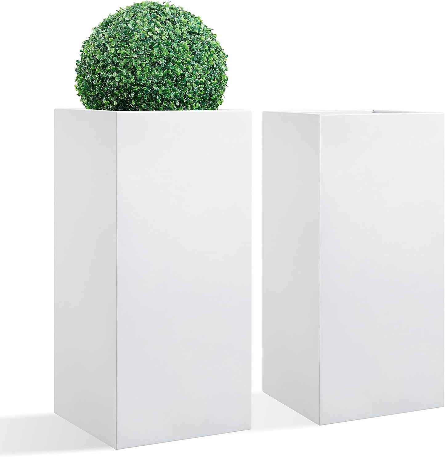 Metallic Heavy Tall Outdoor/Indoor Planter Box, Seamless Metal Planter, Rectangular, 14”Lx14”Wx30”H, ‎25 Pounds Each, Pure White, No Assembly and Seamless, Set of 2