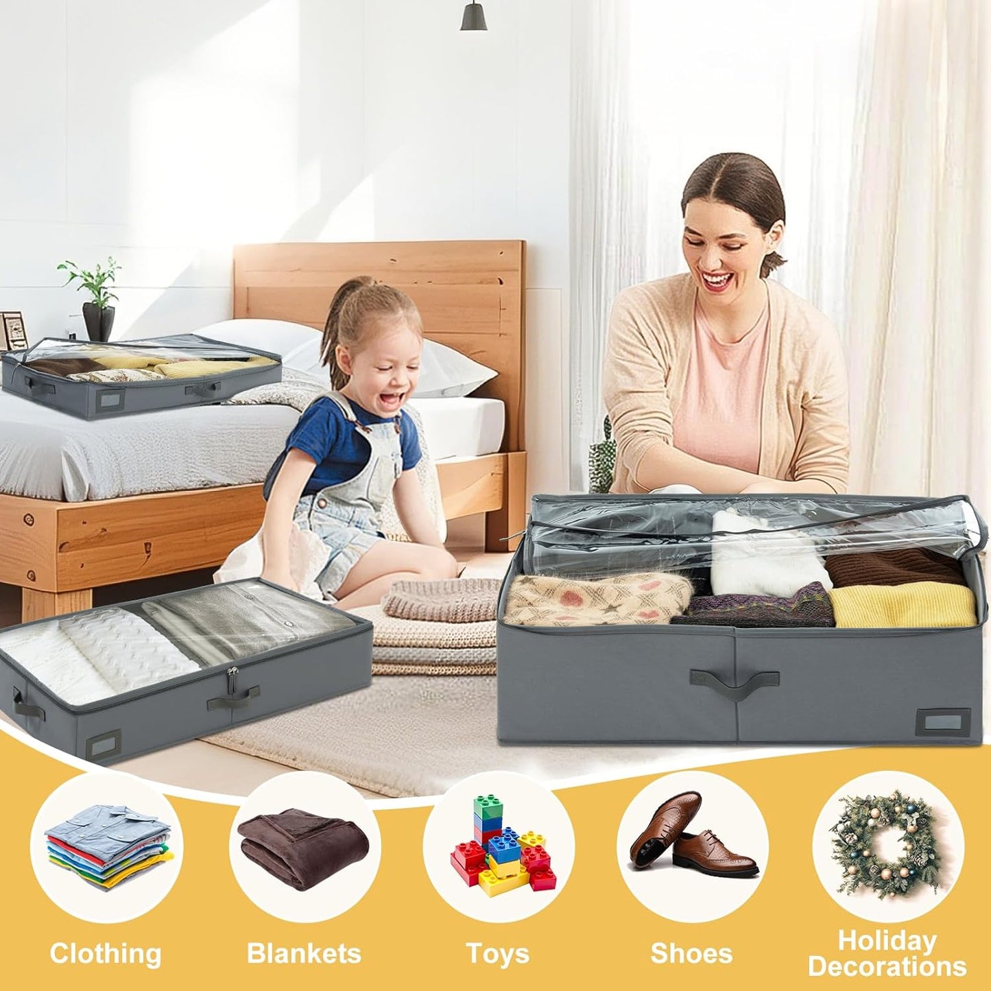 4-Inch Under Bed Storage Containers, Low Profile UnderBed Storage Organizer, Under Crib/Couch Storage Box for Seasonal Clothing, Sweaters, Shoes, Blankets, Wrapping Paper, Sheets & Toys 33"L×17"W×4"H