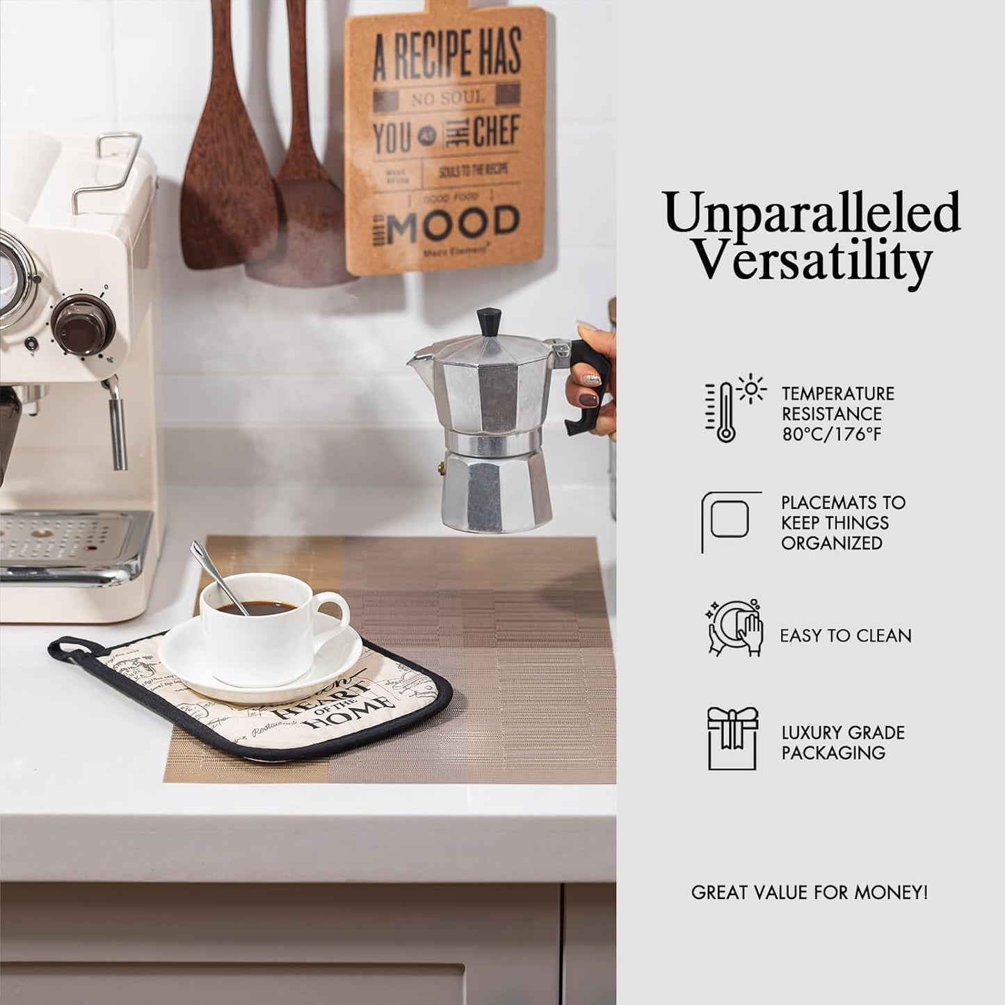 Placemats Set of 12 - Easy Clean Woven Vinyl Placemats for Dining Table, Indoor/Outdoor Place Mats, Washable PVC Table Mats （Gold Dune）