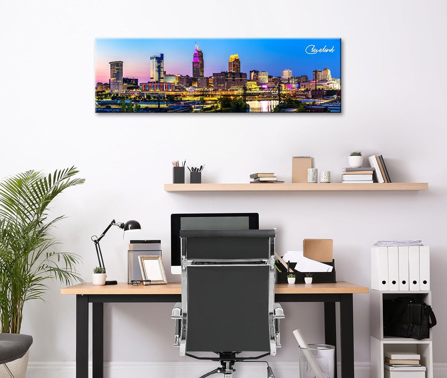 Cleveland Skyline Wall Art Colorful Canvas Prints Night View Ohio USA Cityscape Panoramic City Building Painting for Bedroom Office Decor Framed and Ready to Hang 13.8"x45.3"