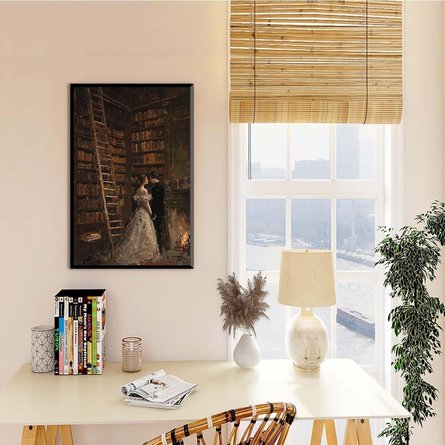 JFHCQJPK Gothic retro library scene decoration melancholy calm art college style wall aesthetic antique style home decoration suitable for bedroom living room16x24in Metal blackFramed