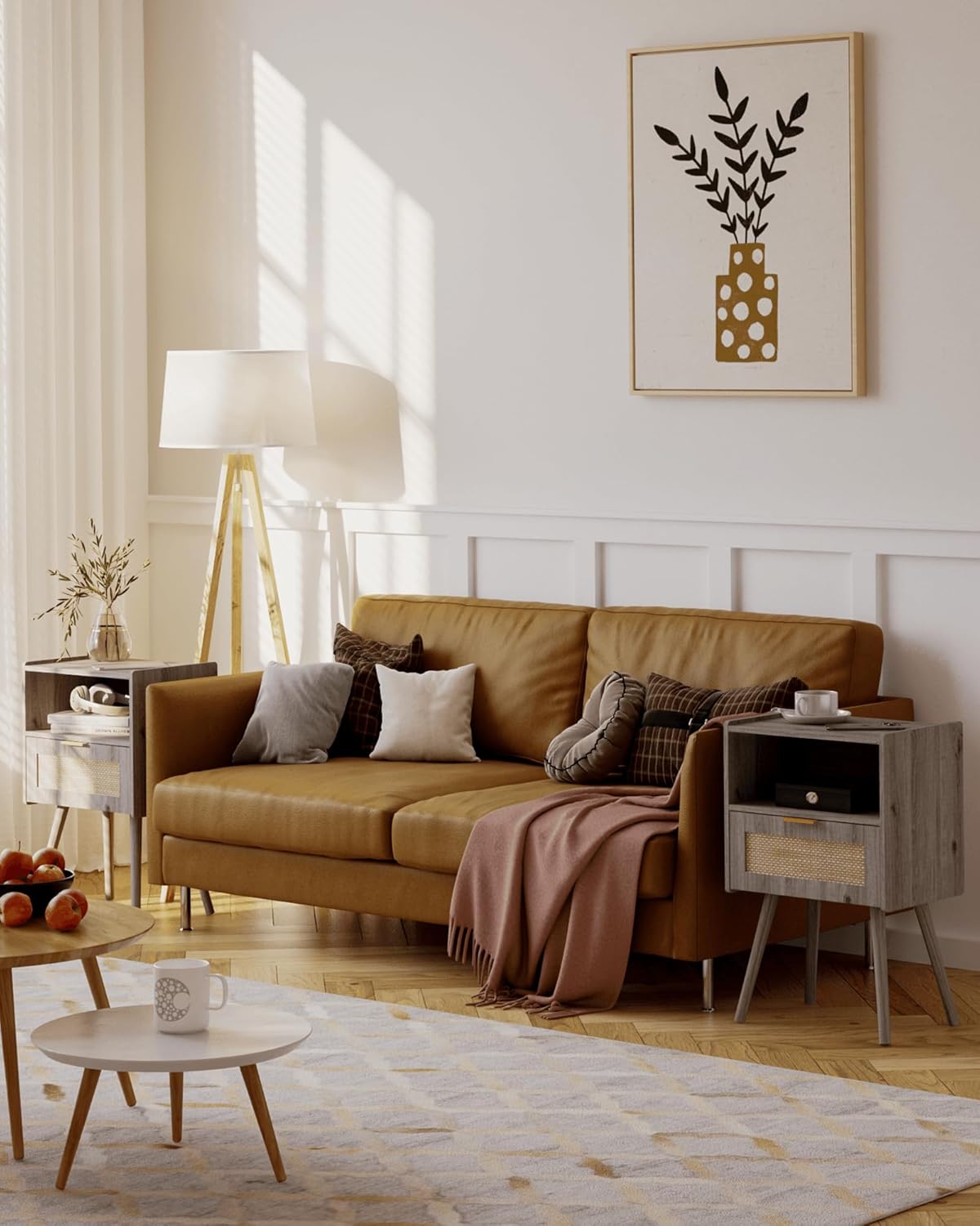 Rattan Nightstand,Modern Bedside Table with Storage Drawer and Open Wood Shelf, for Living Room, Bedroom and Small Spaces, Accent Night Stand with Solid Wood Legs, Easy Assembly(Grey Oak)