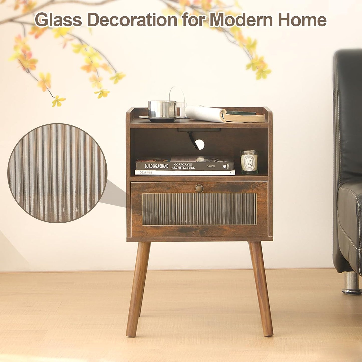 AWASEN Mid Century Night Stand with Charging Station, Wood Bedside Table with Glass Drawer, Small Modern Nightstand End Side Table with 2 Tiers Storage for Bedroom, Office(Rustic Brown)