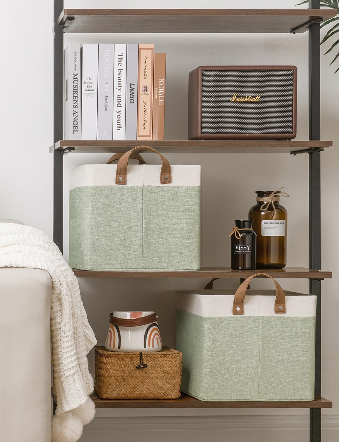 StorageWorks Storage Bins, Fabric Storage Bins for Shelves, Large Storage Baskets with Metal Frame, Closet Baskets and Bins with Handles, Green and White, 2-Pack