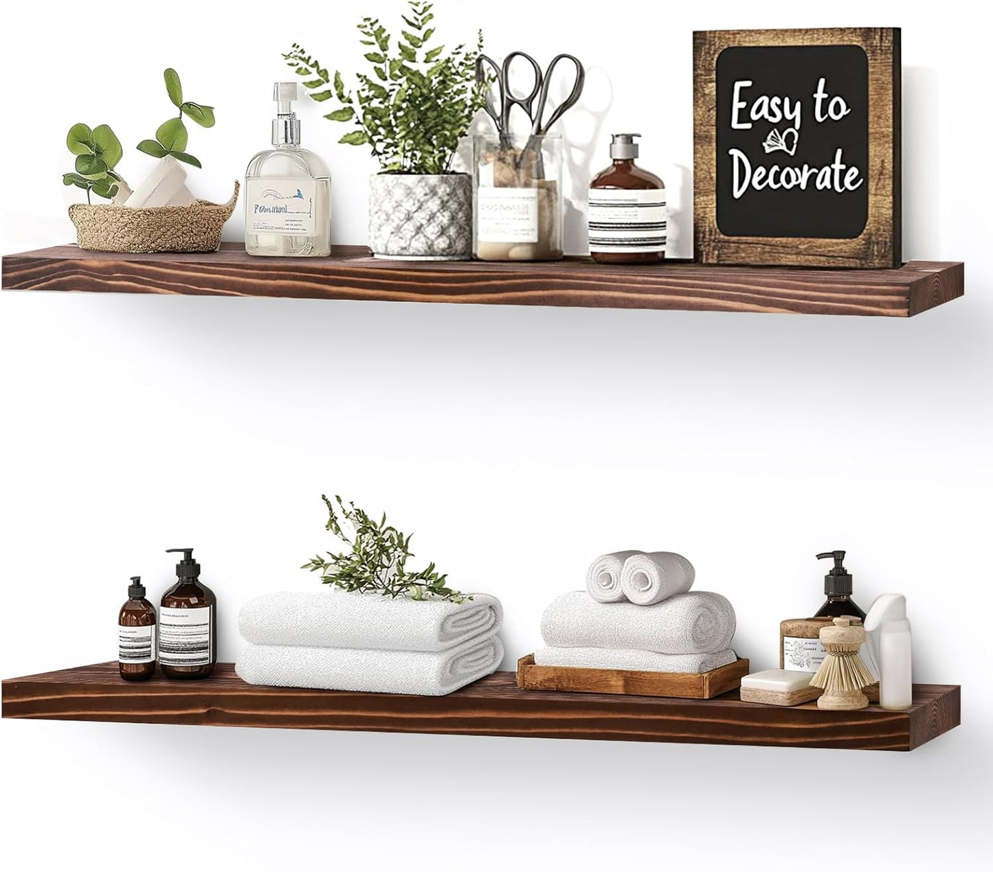 Floating Wall Shelves 2-Pack - 24-Inch Rustic Brown Wooden Shelves for Storage and Décor, Easy Installation for Living Room, Bedroom, and Kitchen
