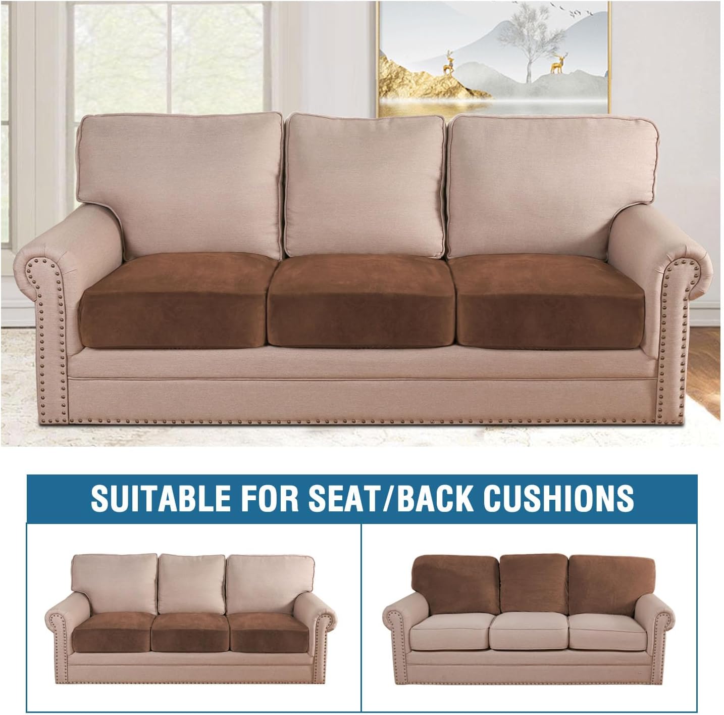 H.VERSAILTEX Velvet Stretch Couch Cushion Cover Plush Cushion Slipcover for Chair Loveseat Sofa Cushion Furniture Protector Seat Cushion Sofa Cover (3 Piece XL Sofa Cushion Covers, Caramel)