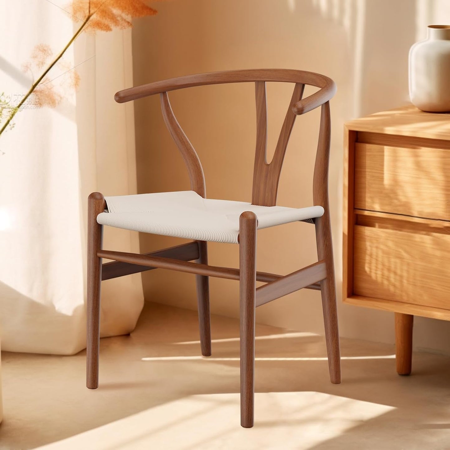 Tomile Solid Wood Wishbone Chair Y Chair Mid-Century Armrest Dining Chair, Hemp Seat (Ash Wood - Walnut., Pack of 1)