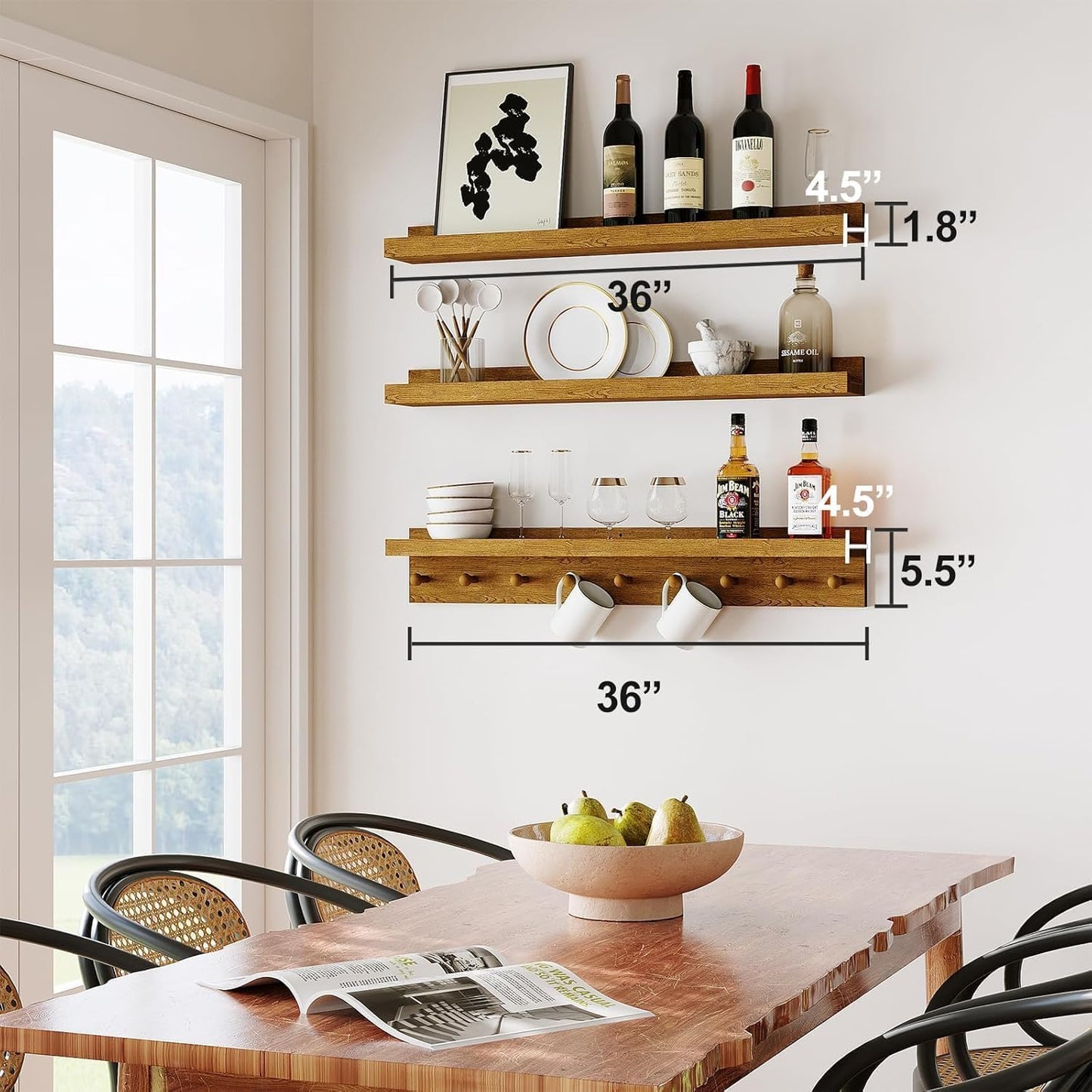 MBYD Floating Shelves 36 Inch, Nursery Book Shelves for Kids Room, Hanging Bookshelf with Hooks Set of 3, Light Walnut Wood Picture Ldge Shelving, Kitchen Wall Shelf Spice Rack for Bedroom Bathroom