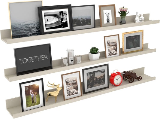 Giftgarden 47 Inch Floating Shelves for Wall Creamy White Beige Wood-Grain, Long Picture Ledge Large Wooden Photo Shelf for Living Room Bedroom Nursery Office, Set of 3 Different Sizes