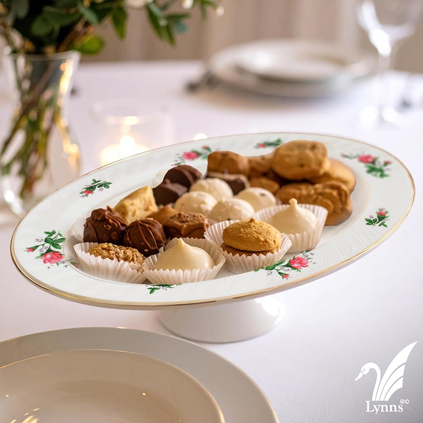 Lynns Paradise Vintage Rose 14-Inch Oval Platter, Set of 2, Pink; Heavy Duty; Chip Resistant; Lead and Cadmium Free; Freezer to Oven Safe up to 500°F