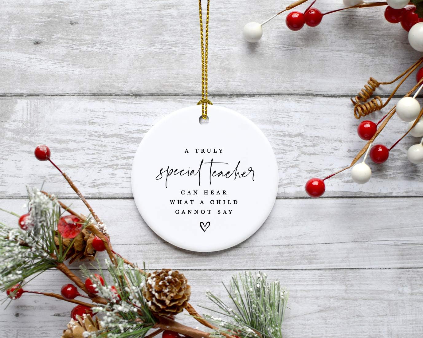 Andaz Press Round Ceramic Porcelain Christmas Tree Ornament for Teacher Thank You Appreciation Gift, A Truly Special Person Can Hear What a Child Cannot Say, Heart Graphic, 1-Pack Autism Therapist