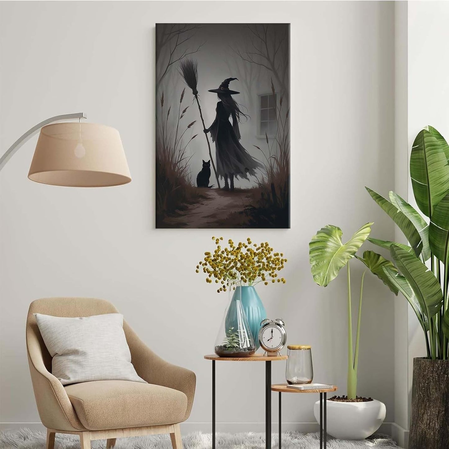 JFHCQJPK Vintage forest witch and black cat poster Halloween mural poster decoration mural art magic suitable for home living room bedroom8x12in Frameless
