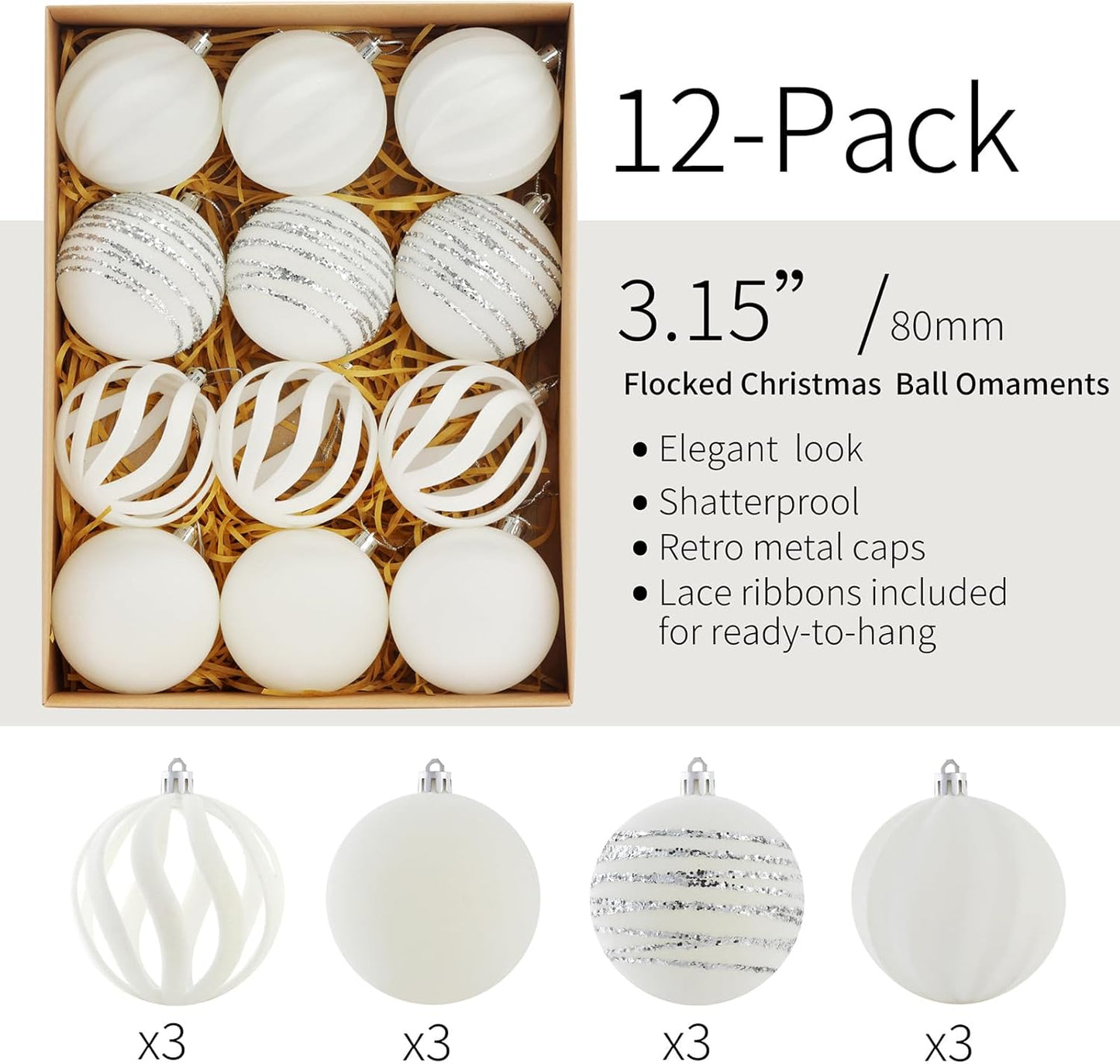 Christmas Ornaments Set of 12, 3.15" Flocked Velvet Balls with Hand Painted Designs, White Elegant Christmas Tree Decorations in Gift Box