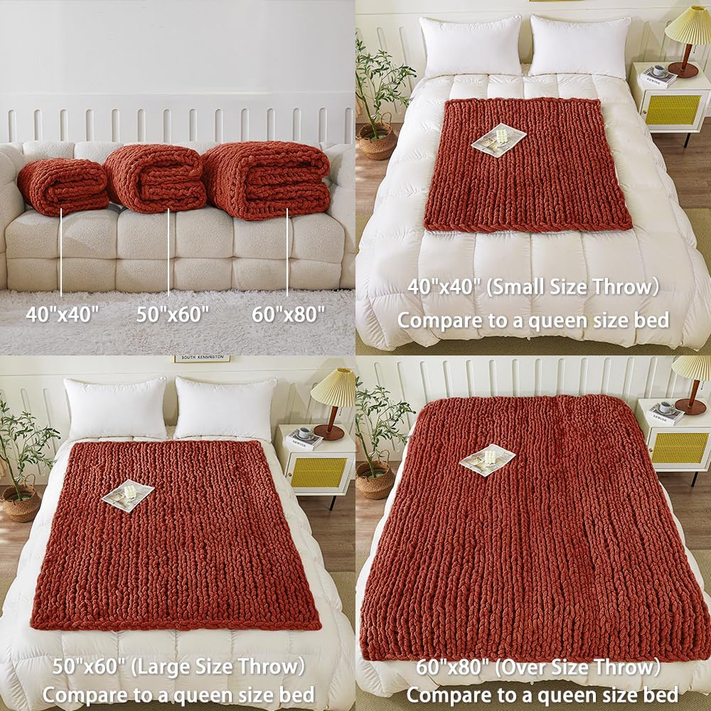 WESHIONGOO Chunky Knit Blanket Throw Knitted Throw Blankets for Couch Bed Fluffy Soft Blanket with Jumbo Chenille Yarn Thick 100% Handmade(Rust, 50"×60")