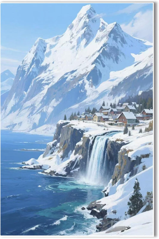 Winter lakeside town and snowy scenery merge together to form a landscape poster wall art suitable for living room bedroom and office