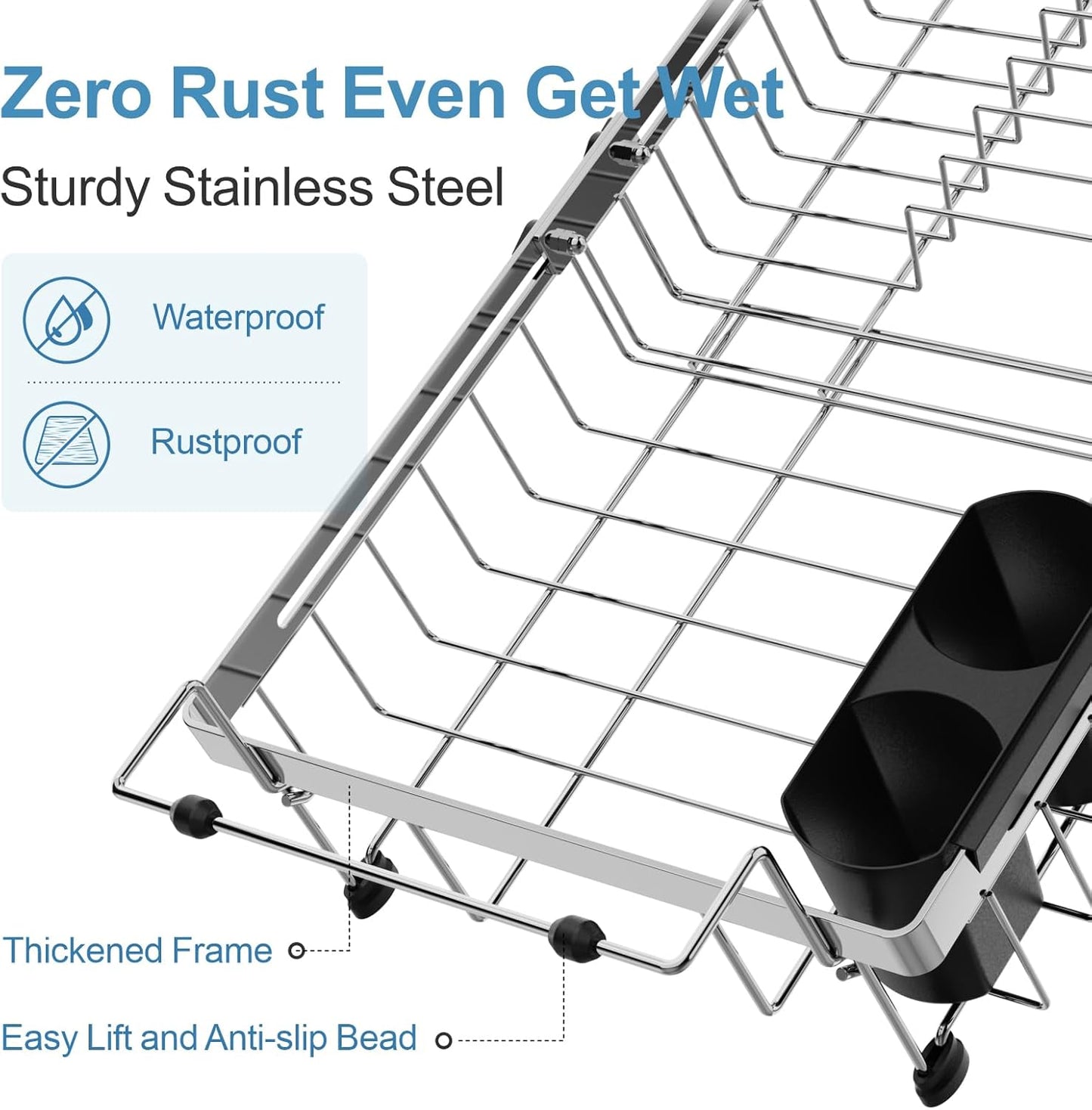 GSlife Stainless Steel Dish Drying Rack - Capacity Expandable in Sink Dish Drainer with Silicone Mat, Over Sink Dish Rack with Utensil Holder for Kitchen Counter, Large Capacity, Silver