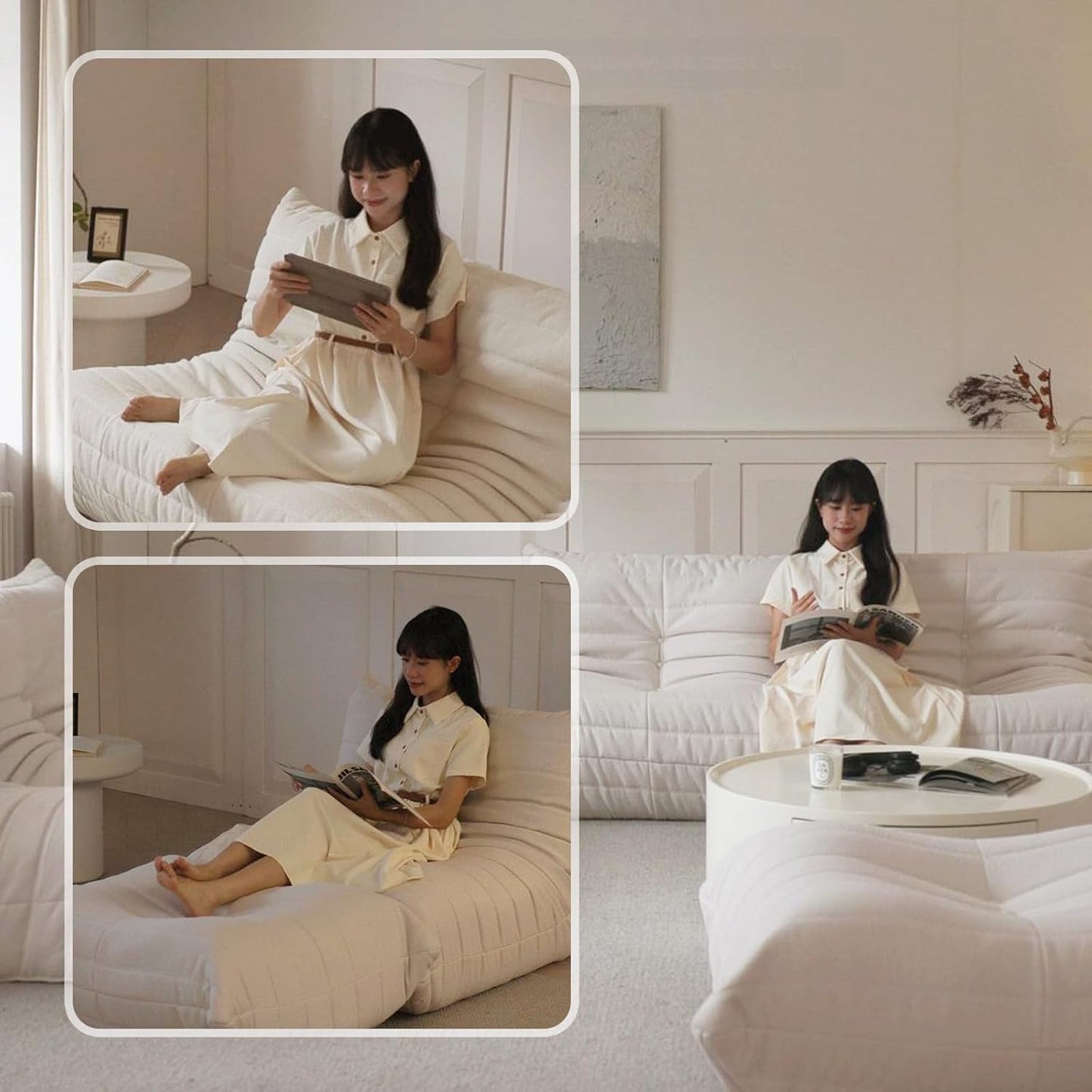 Luxury Sofa Couch Chair, Lazy Floor Seating, Fireside Bean Bag Chair, Ergonomic Tatami Sofa Lounger for Living Room, Bedroom, Office, 3 Seat, White