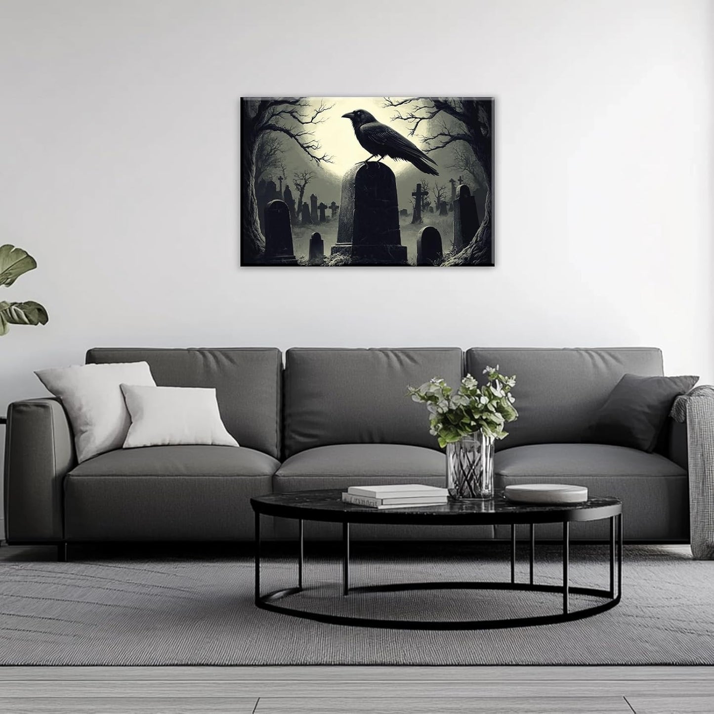 Crow Canvas Wall Art Gothic Black Bird On Branch Painting Print Spooky Forest Full Moon Scenery Poster Artwork Framed Halloween Home Decor(Artwork-3,24"x36")