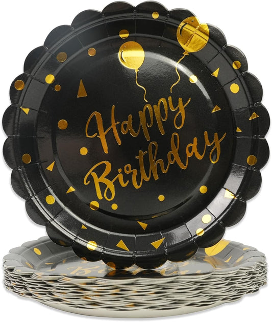 50PCS Birthday Paper Plates - 7 Inch Birthday Cake Plates Scalloped Black and Gold Dessert Plate Disposable Tableware Decorations for Birthday's Party Supplies