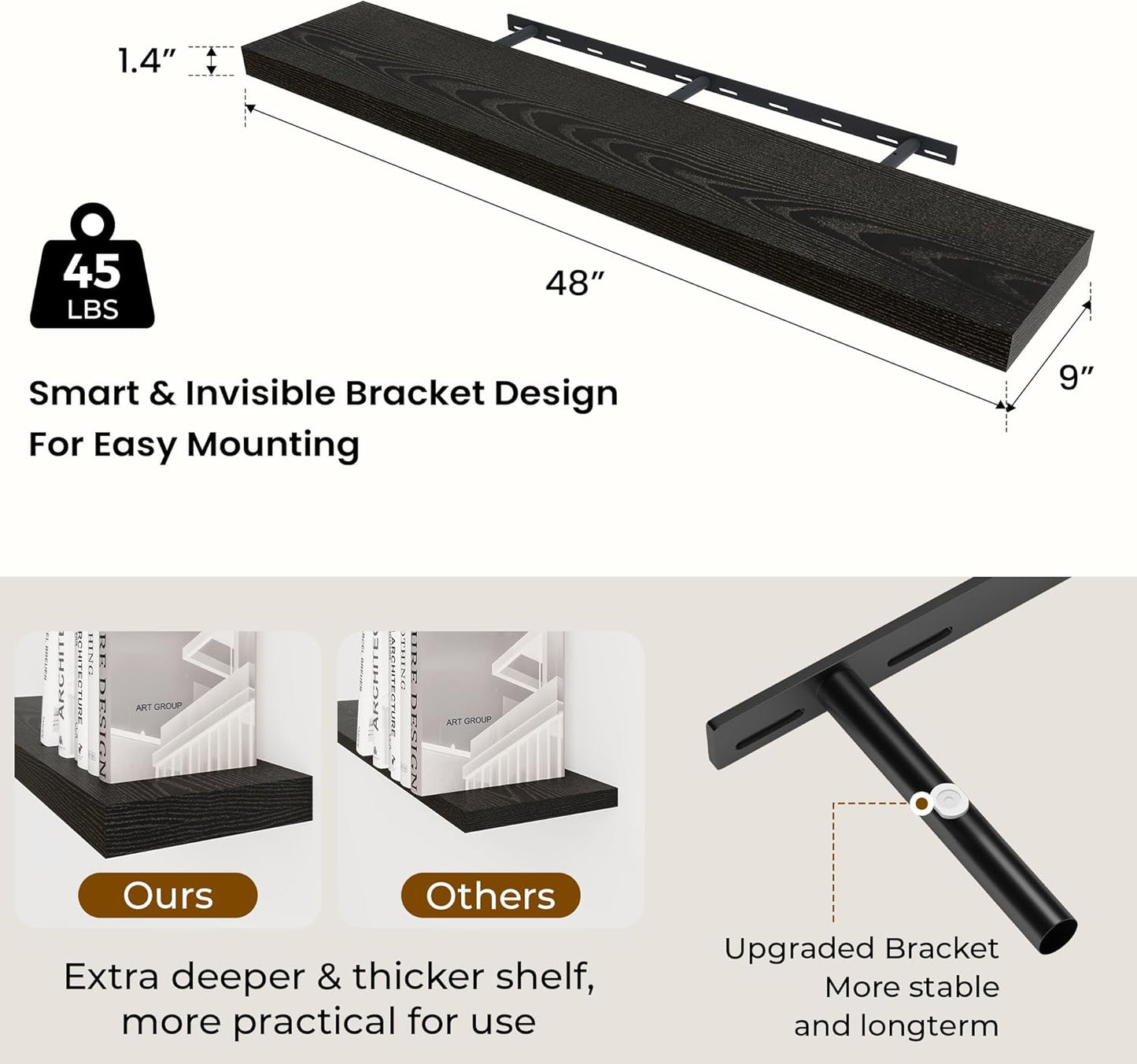 48 inch Floating Shelves for Wall Large Wall Mounted Shelves with Invisible Brackets, Black Long Shelves for Bathroom, Living Room, Kitchen, Office, 48x9.1 inch deep Set of 2