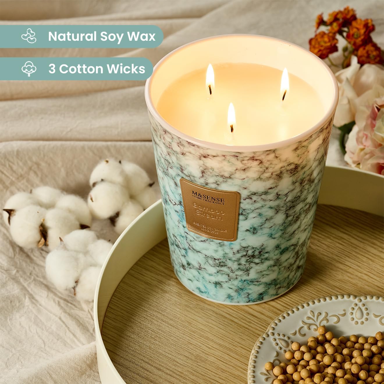 M&SENSE BambooStream Scented Candles for Home, 3-Wick Highly Scented Jar Candles, Extra Large Candle 35 Oz 150 Hours Long Lasting Burning, Relaxing Aromatherapy Candle for Stress Relief, Meditation