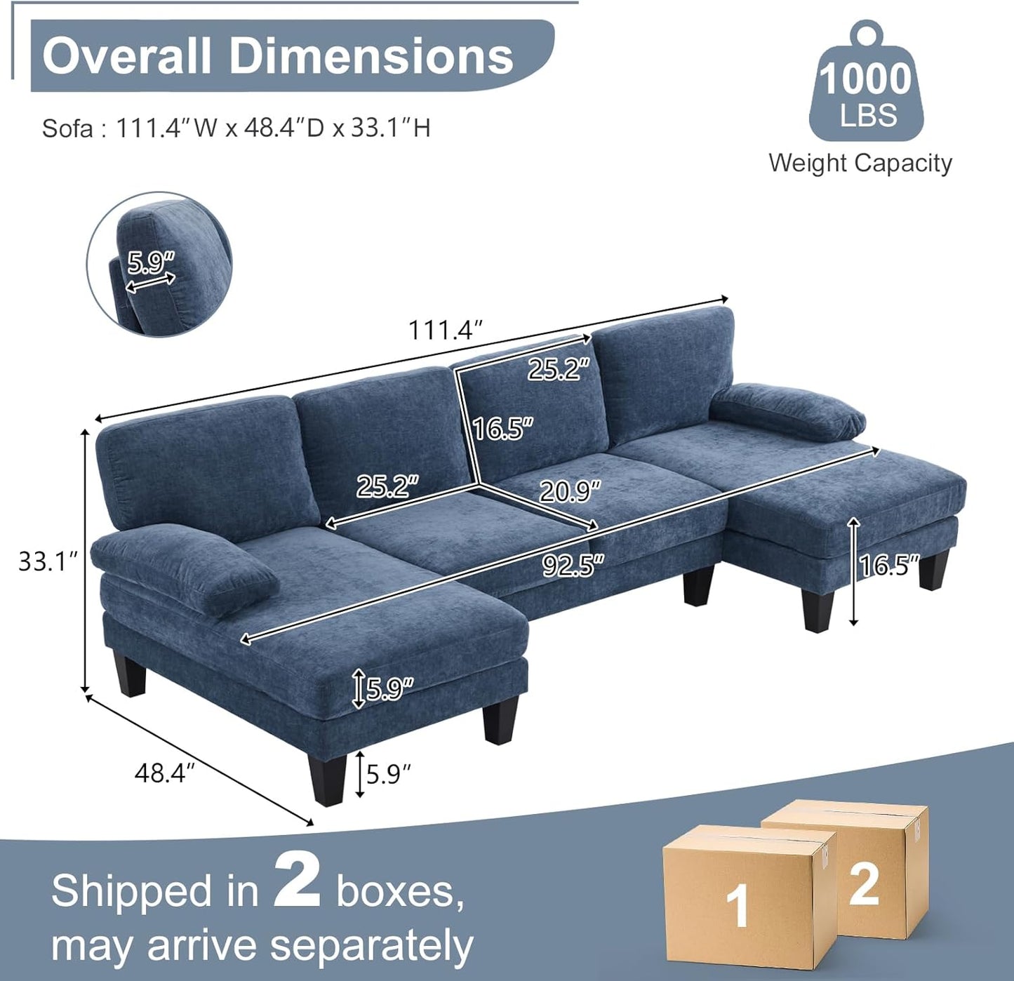 Karl home U-Shape Sectional Sofa Couch 111" Modern 4-Seat Sofa with Chaises Chenille Fabric Upholstered Covertible Couch with Wood Grain Legs for Living Room, Reception Room, Apartment, Navy Blue