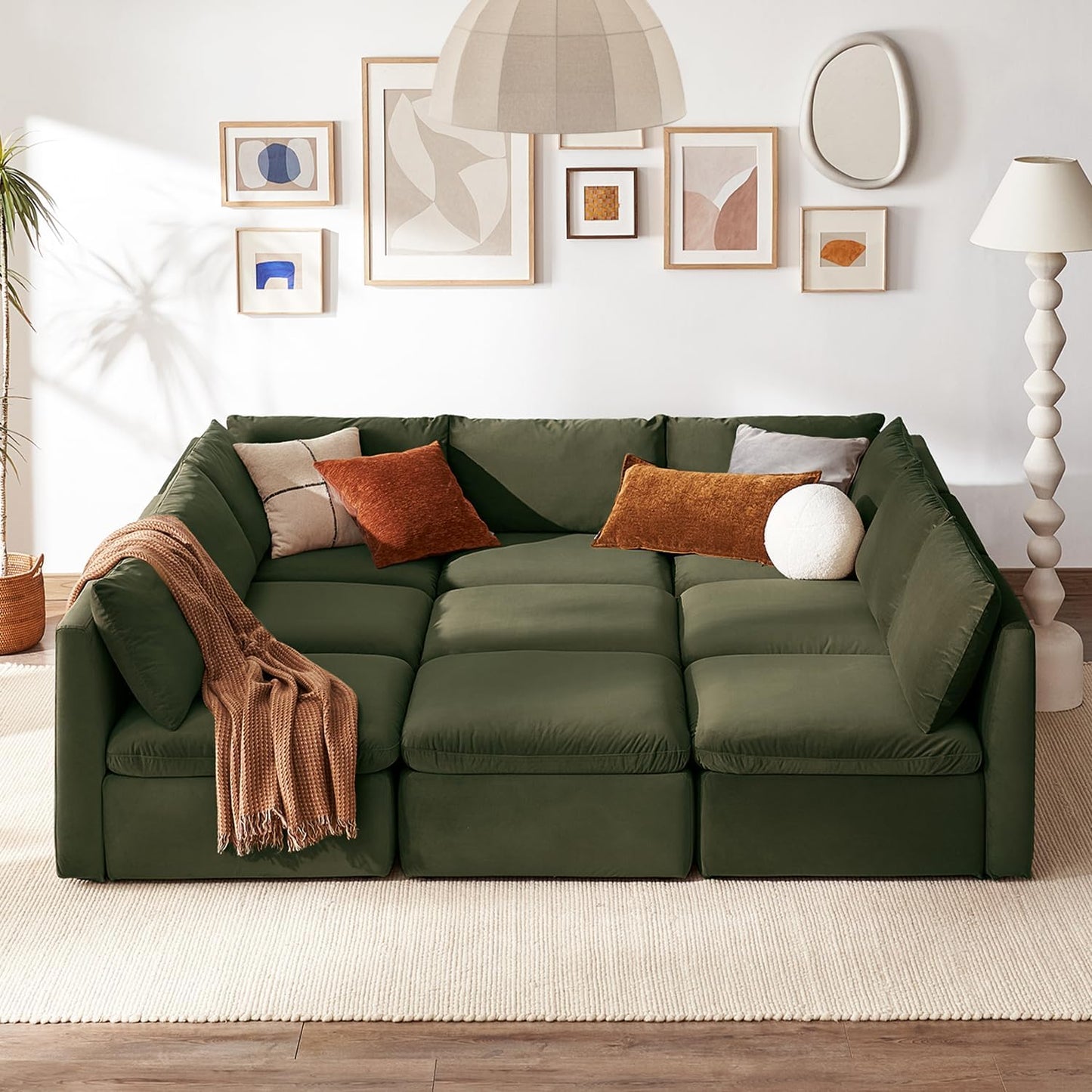 mopio Oversized Modular Sectional Sofa with Fully Removable Covers and Storage, Convertible U, L-Shaped and Sleeper Sectional, Modern Couches with Ottoman Chaise (Olive Green Velvet, 9 Seats, Sleeper)
