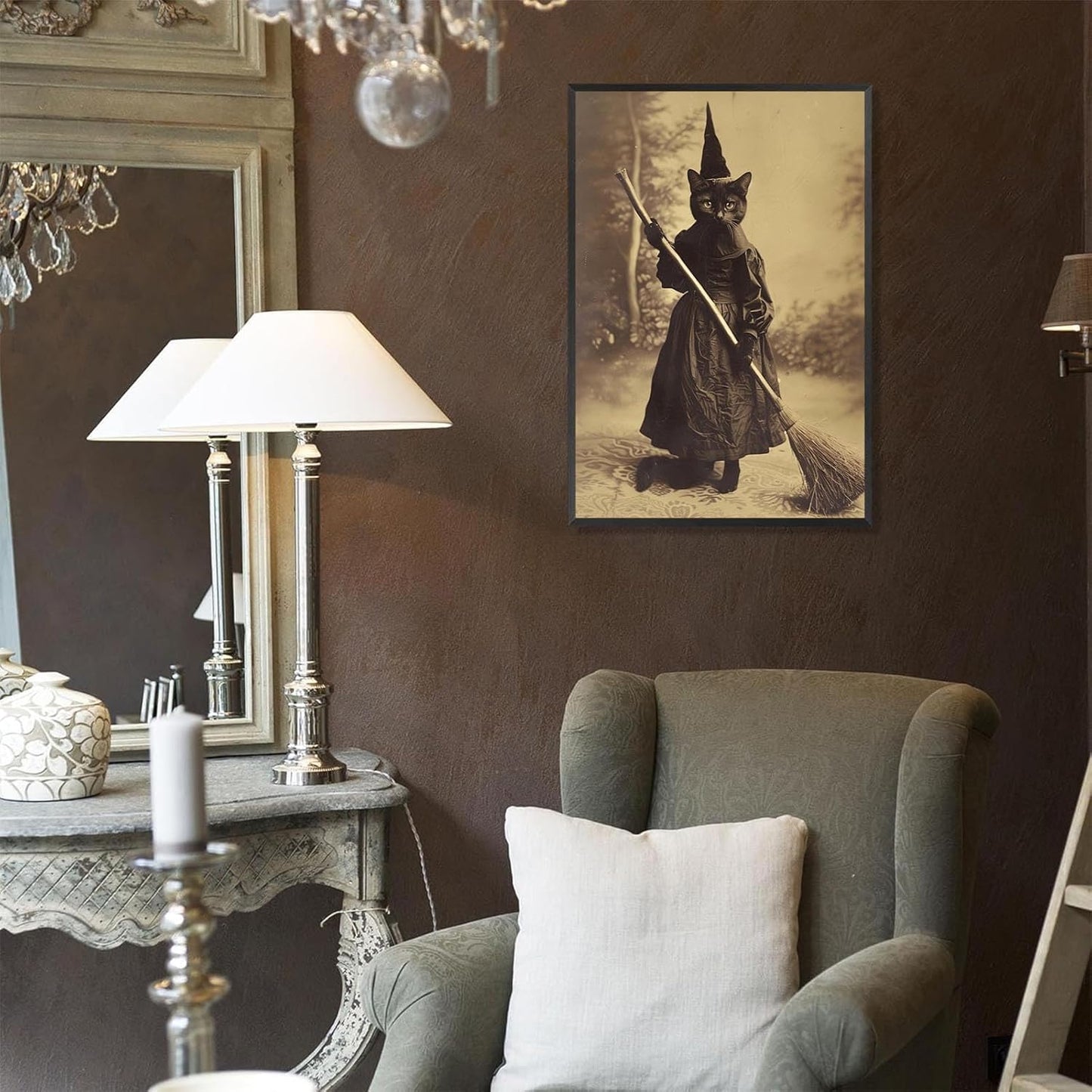 Halloween Decor Posters Black Cat Witch Canvas Wall Art Vintage Spooky Print Of Gothic Room Family Dark Academia Decorations Creepy Picture Poster Aesthetic 24X36inch Aluminum Framed