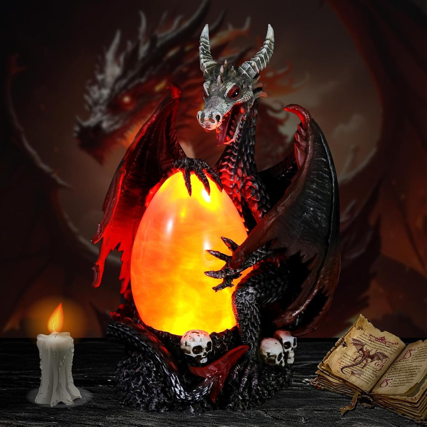 Fire Dragon Glitter Globe Statue Dragon Egg Glowing Sculpture, Skull Accent Base, Evil Dragons Lantern with 6H Timer, Battery Operated, Cool Decoration for Halloween, Fantasy Gift for Collectors