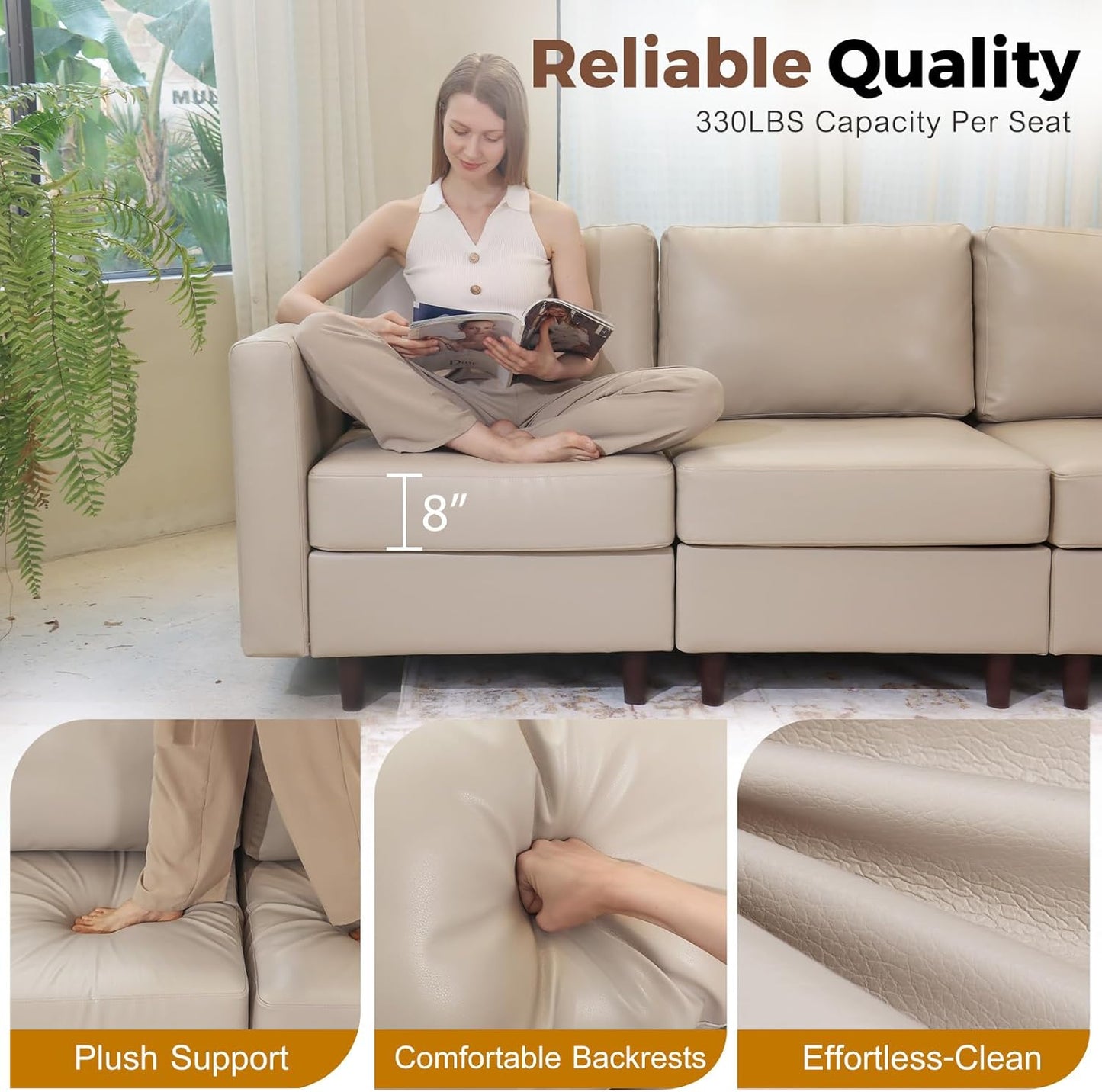 118.5" Faux Leather Modular Sectional Sofa with Storage Seat, Modern 6 Seater Couch Deep Seat with Removable Cover DIY Combination Whitesand