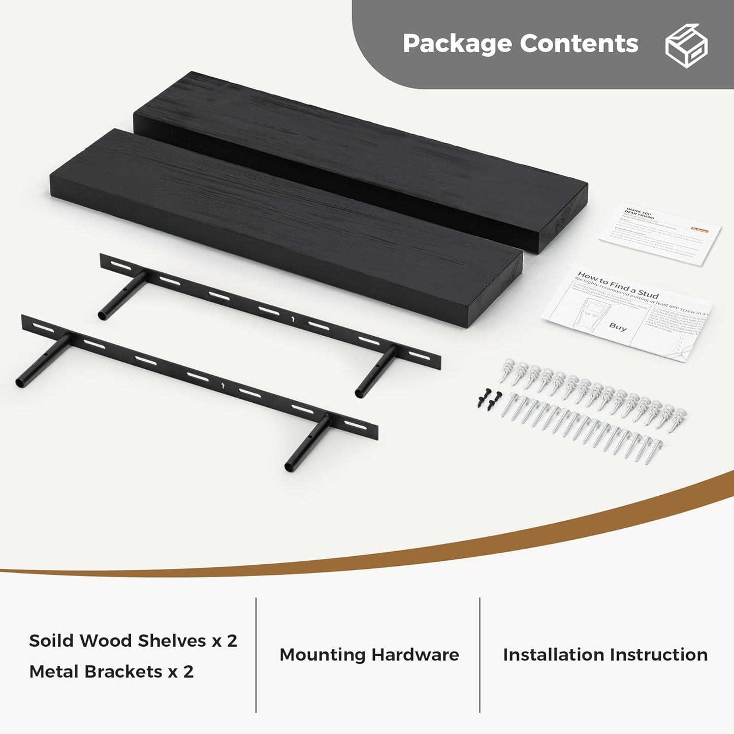 Fun Memories Handcrafted European Pine Floating Shelves - Natural Rustic Wooden Wall Shelf Set of 2-24 Inch Storage Shelf Display Shelf for Kitchen Bathroom Living Room Bedroom Farmhouse - Black