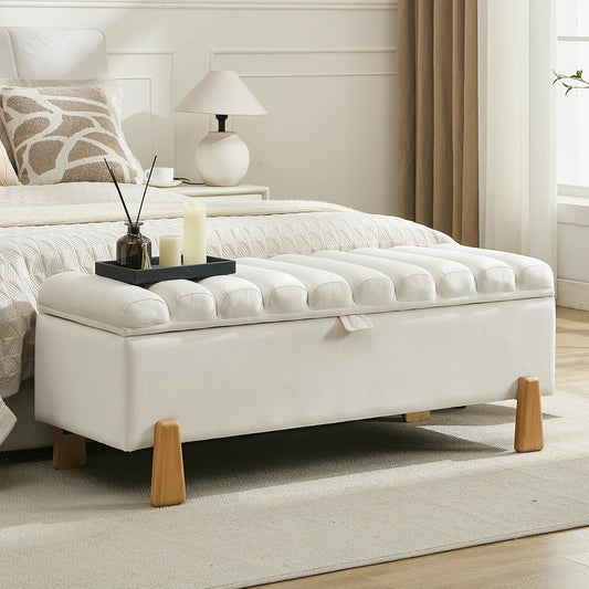 Storage Ottoman Bench for Bedroom Small Spaces 48.6 Inch with Hinged Lid Solid Wood Tapered Legs Tufted Upholstered Fabric for Living Room & Bedroom, Beige