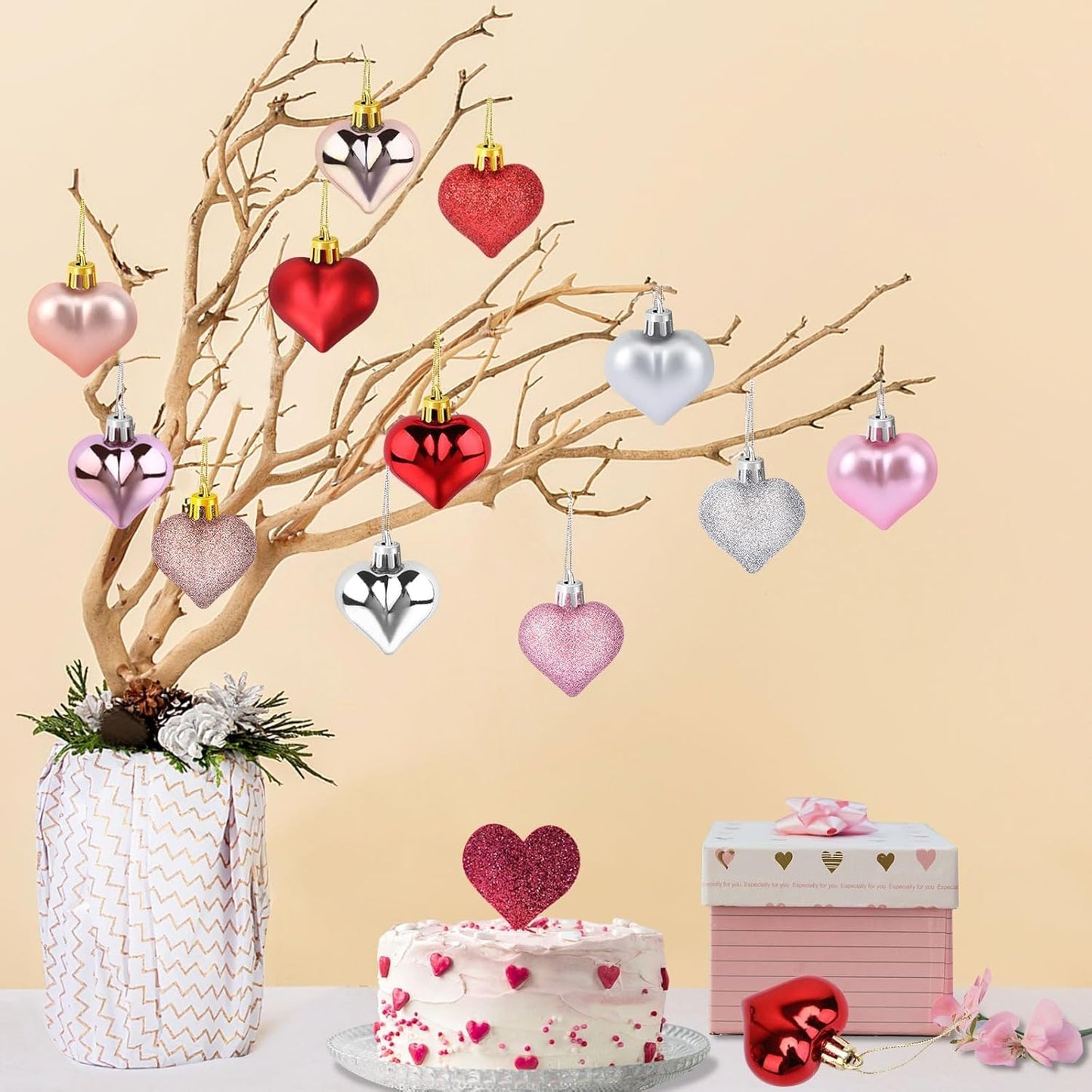 JULMELON 24Pcs Valentine's Day Heart Shaped Ornaments Romantic Valentines Heart Hanging Tree Ornaments Decorations for Home Valentine Tree Wedding Party (Red, Pink,Rose Gold and Silver)