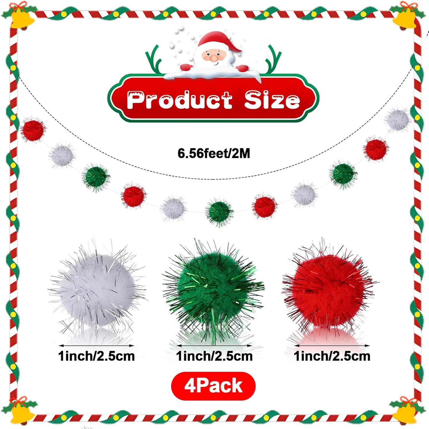 4Pack 120Balls Christmas Glitter Pom Pom Garland Ornaments, 26.5 Feet Felt Ball Glittery Banner, Red White Green Christmas Tree Garland for Xmas Birthday Party Wall Home Decor