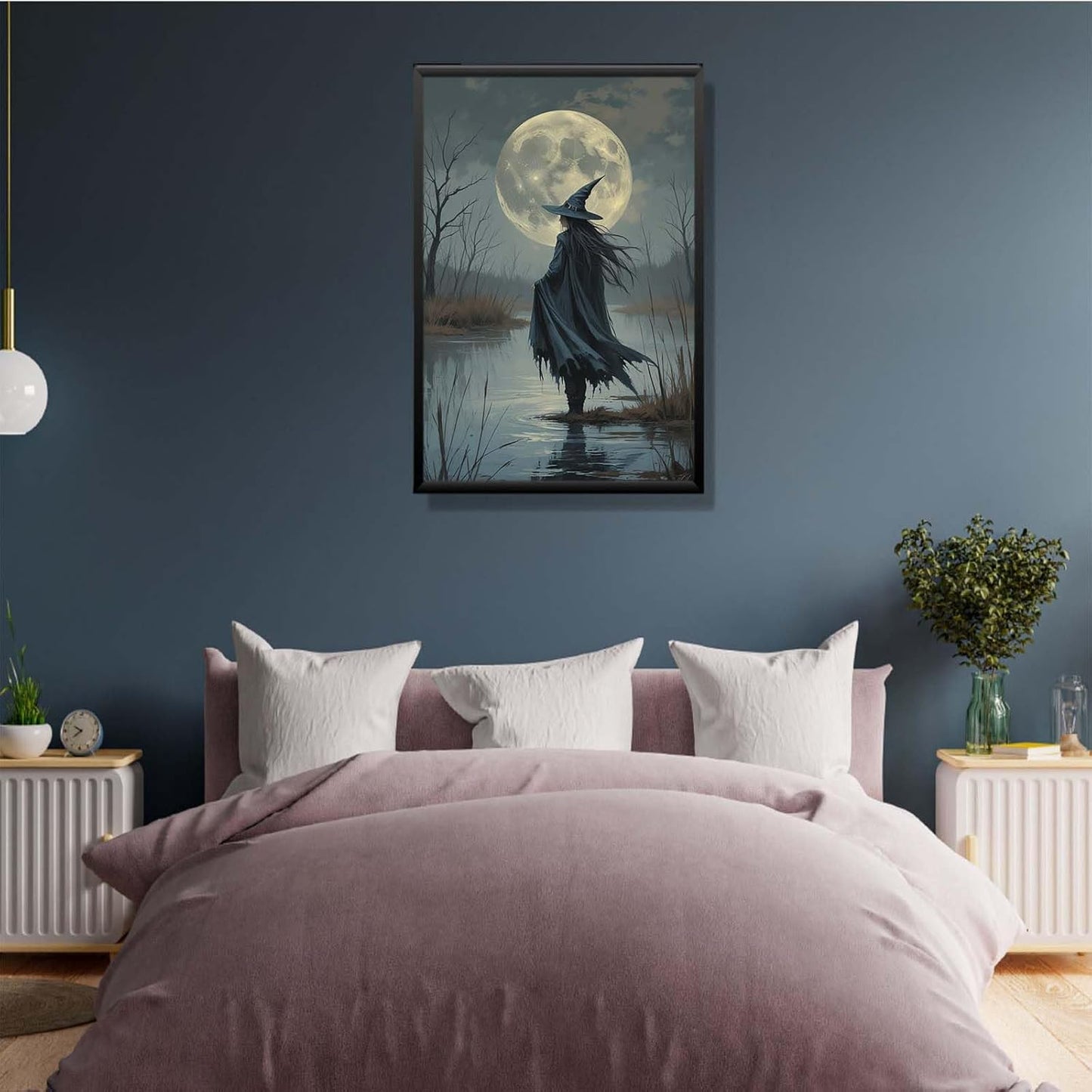 JFHCQJPK Witch in the moonlight magic canvas wall art enchanting Halloween home decor swamp witch silhouette oil painting mysterious gothic aesthetic wall decor print poster12x16in Metal blackFramed