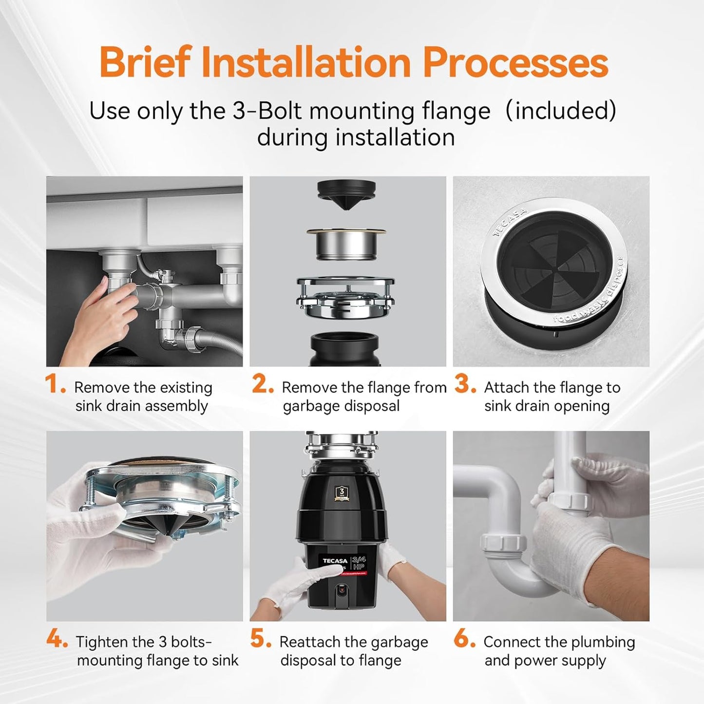 3/4 HP Garbage Disposal, TECASA Food Garbage Disposal with Power Cord, Stainless Steel Grinding System and 3-Bolt Mounting, Continuous Feed Garbage Disposals, Quiet, Taskmaid Series 75