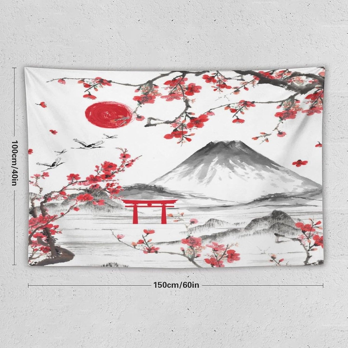 Red Cherry Blossoms Tapestry, Japanese Fuji Mountain Tapestry, Asian Japanese Wall Tapestry, Nature Landscape Tapestries for Bedroom Living Room Decor 60"x40"