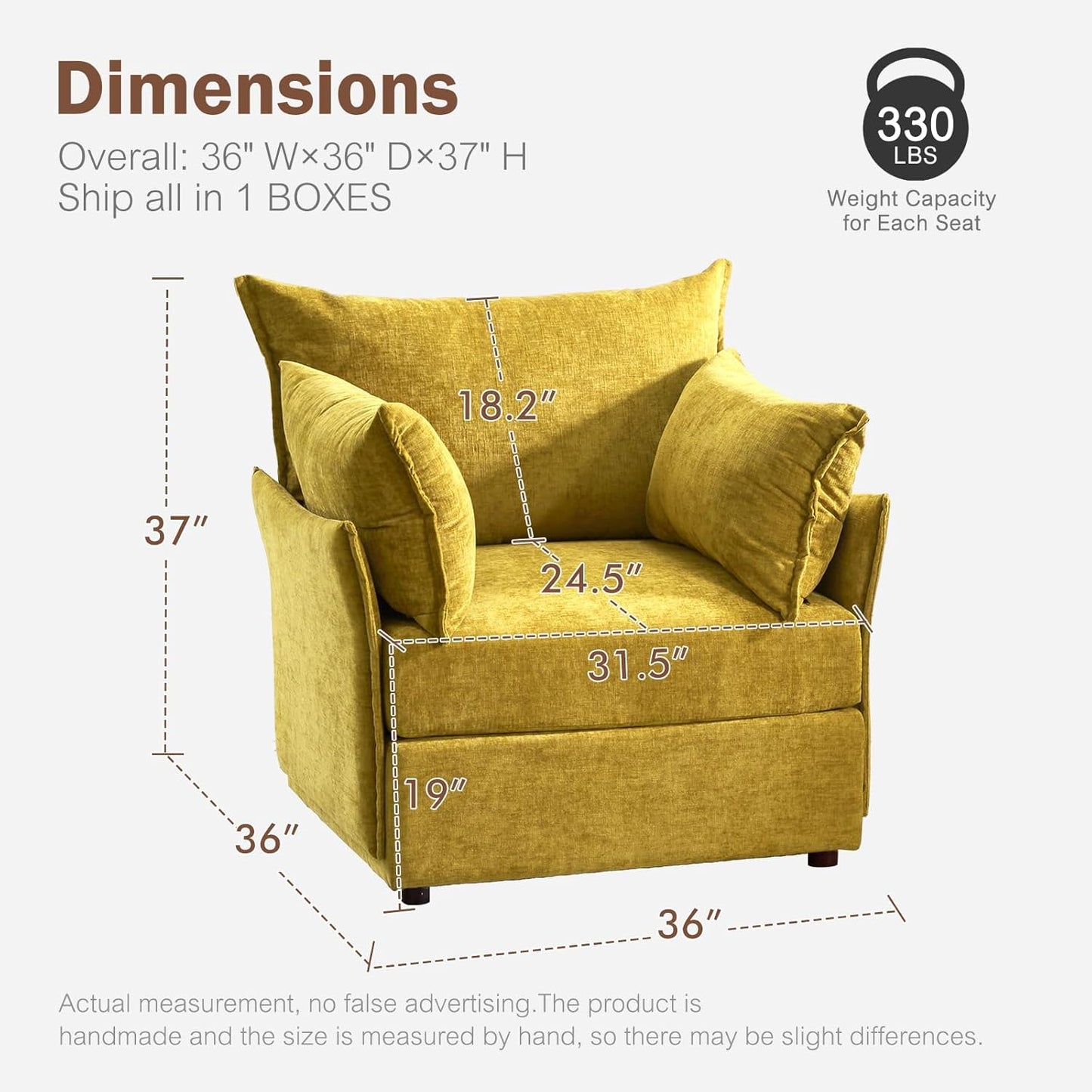 Oversized Accent Chair, Upholstered Modern Sofa Chair with Removable Backrest & Detachable Cover, 24.5" Deep Seat Large Reading Armchair for Living Room Bedroom Office-Chenille Yellow Set of 2